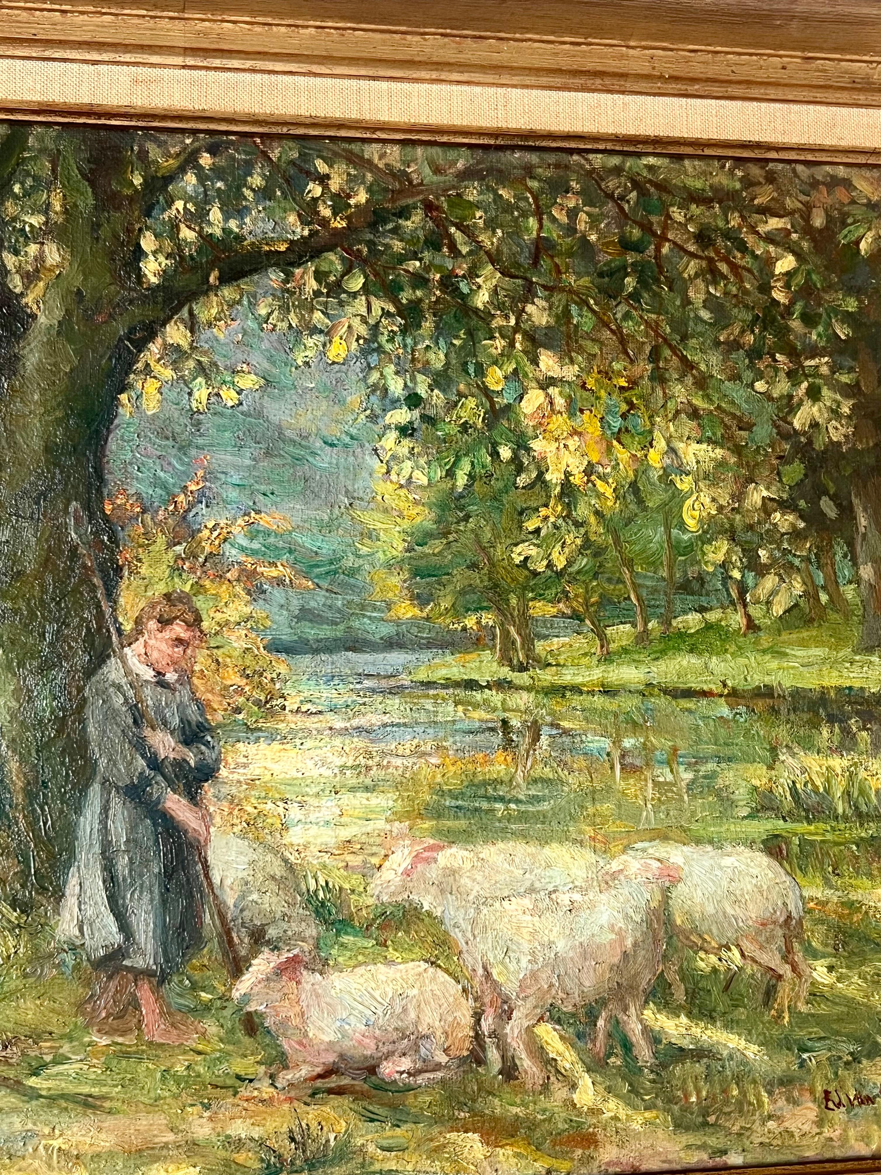 Peinture impressionniste du XIXe siècle représentant une belle journée à la campagne.

On peut voir une jeune fille debout devant son troupeau dans une campagne luxuriante et magnifique. Un petit ruisseau coule dans la forêt à l'arrière-plan. La