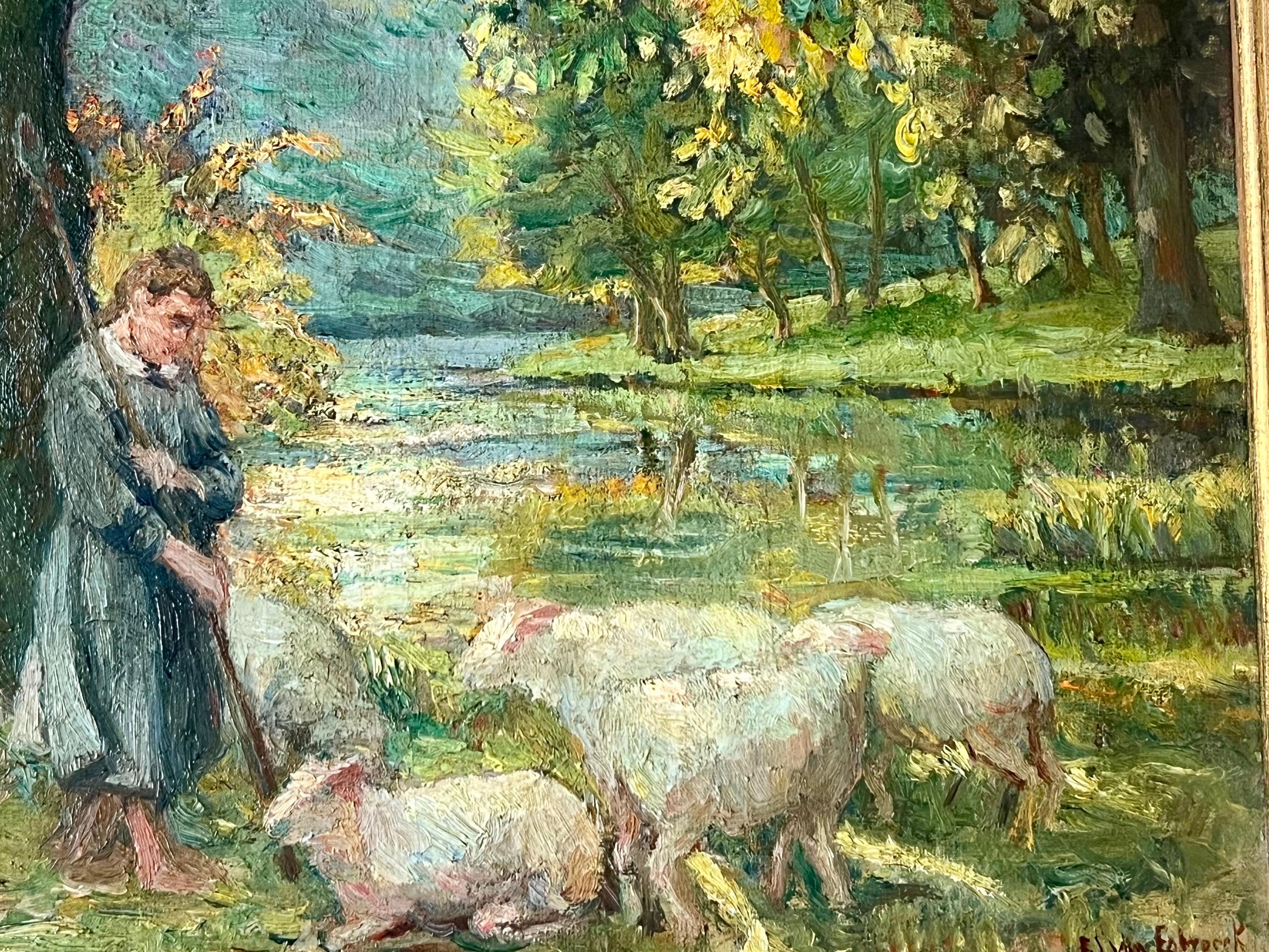 19th century impressionist painting - Summer in the Countryside , a shepherdess  - Impressionist Painting by Edouard Van Esbroeck