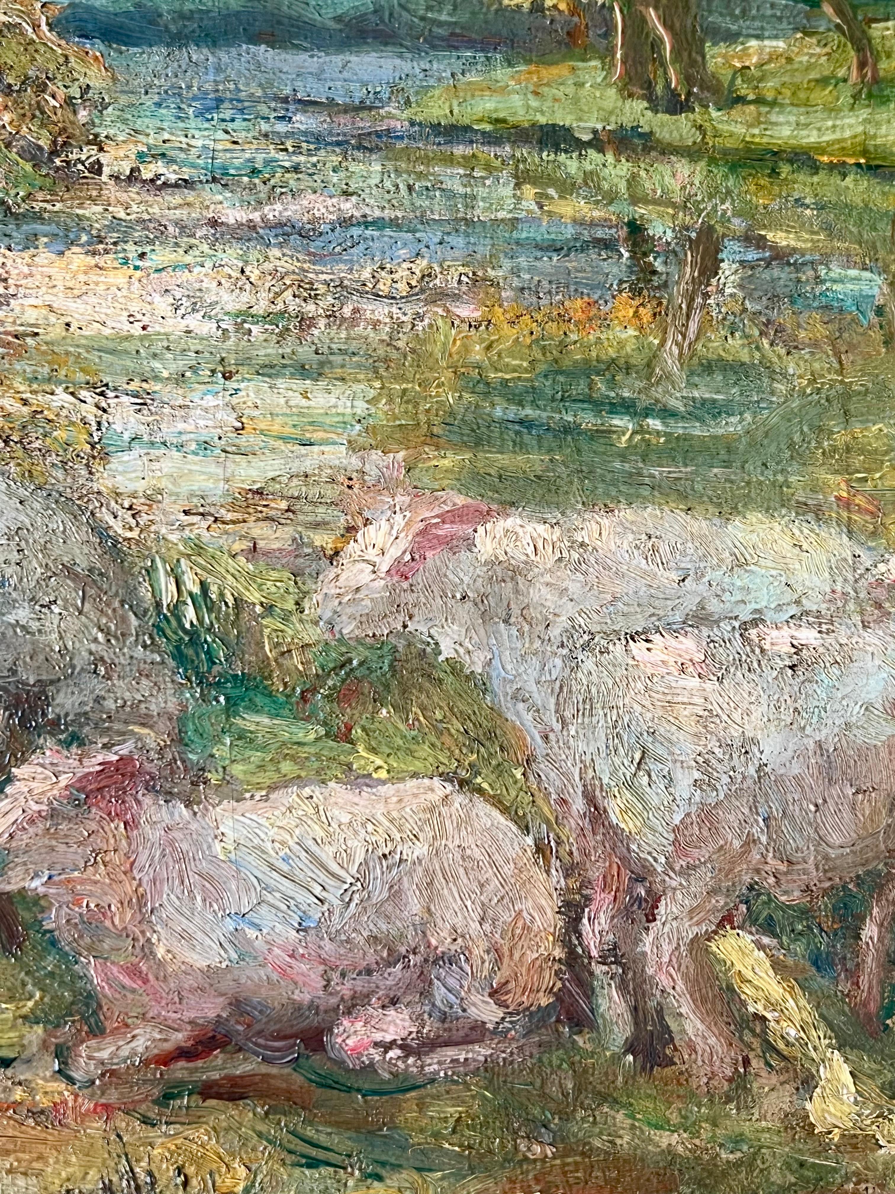 19th century impressionist painting, capturing a beautiful day in the countryside.

A young girl can be seen standing in front of her flock in the lush and beautiful countryside. A small stream flows through the forest in the background. The present