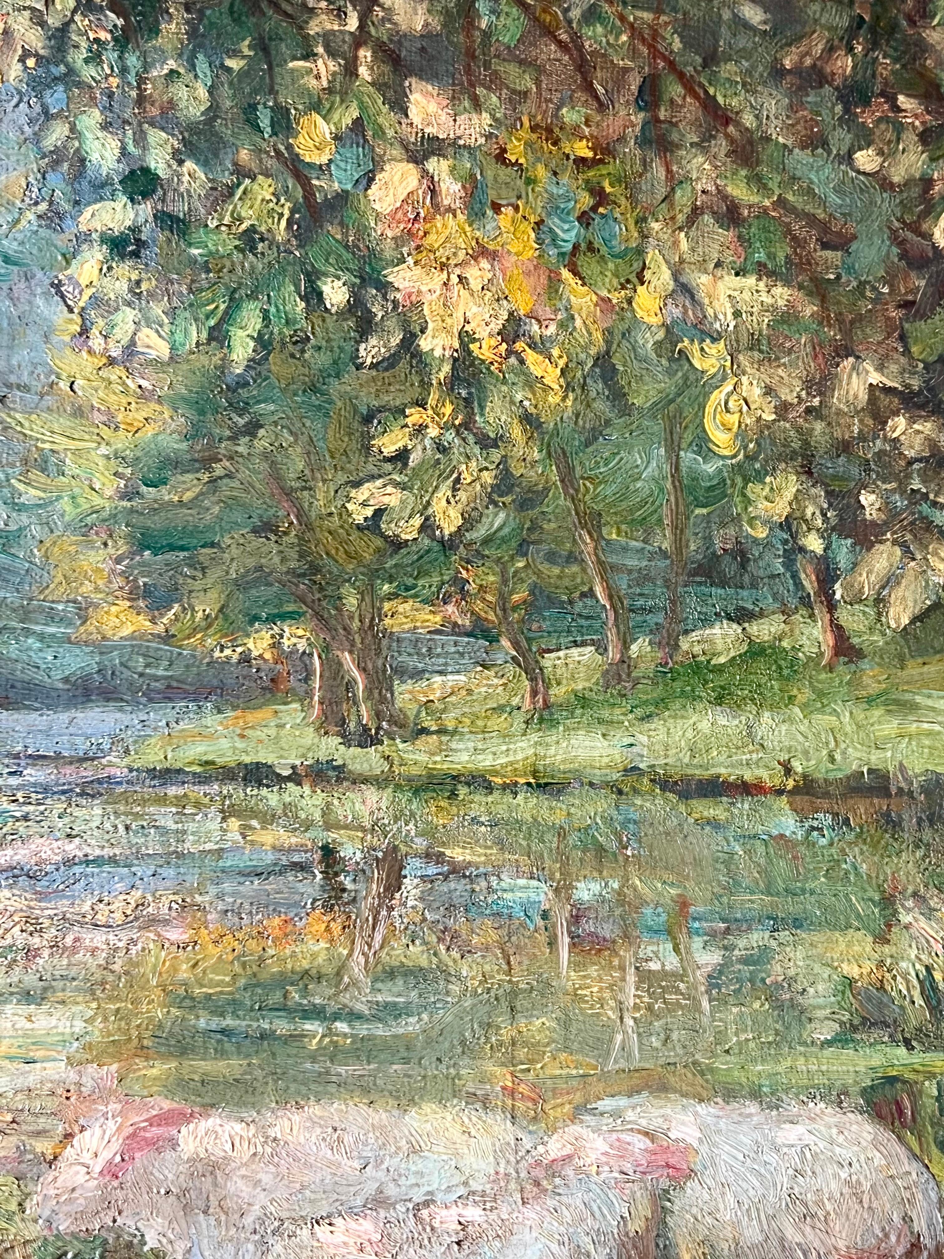Impressionistisches Gemälde des 19. Jahrhunderts – Sommer in der Landschaft, eine Hirtin  im Angebot 3