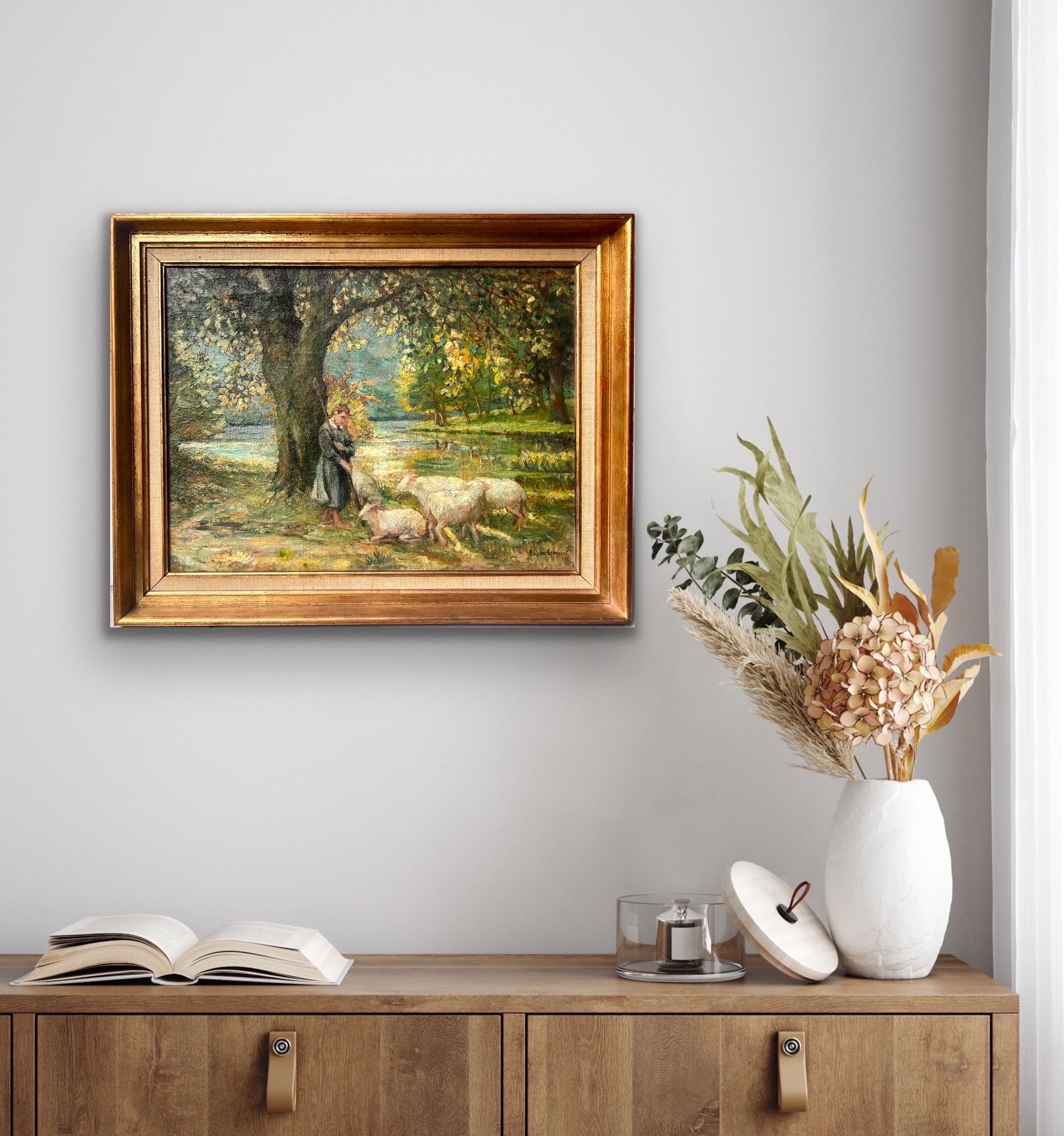 Impressionistisches Gemälde des 19. Jahrhunderts – Sommer in der Landschaft, eine Hirtin  im Angebot 5