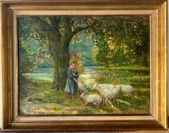 Antique 19th century impressionist painting - Summer in the Countryside , a shepherdess 