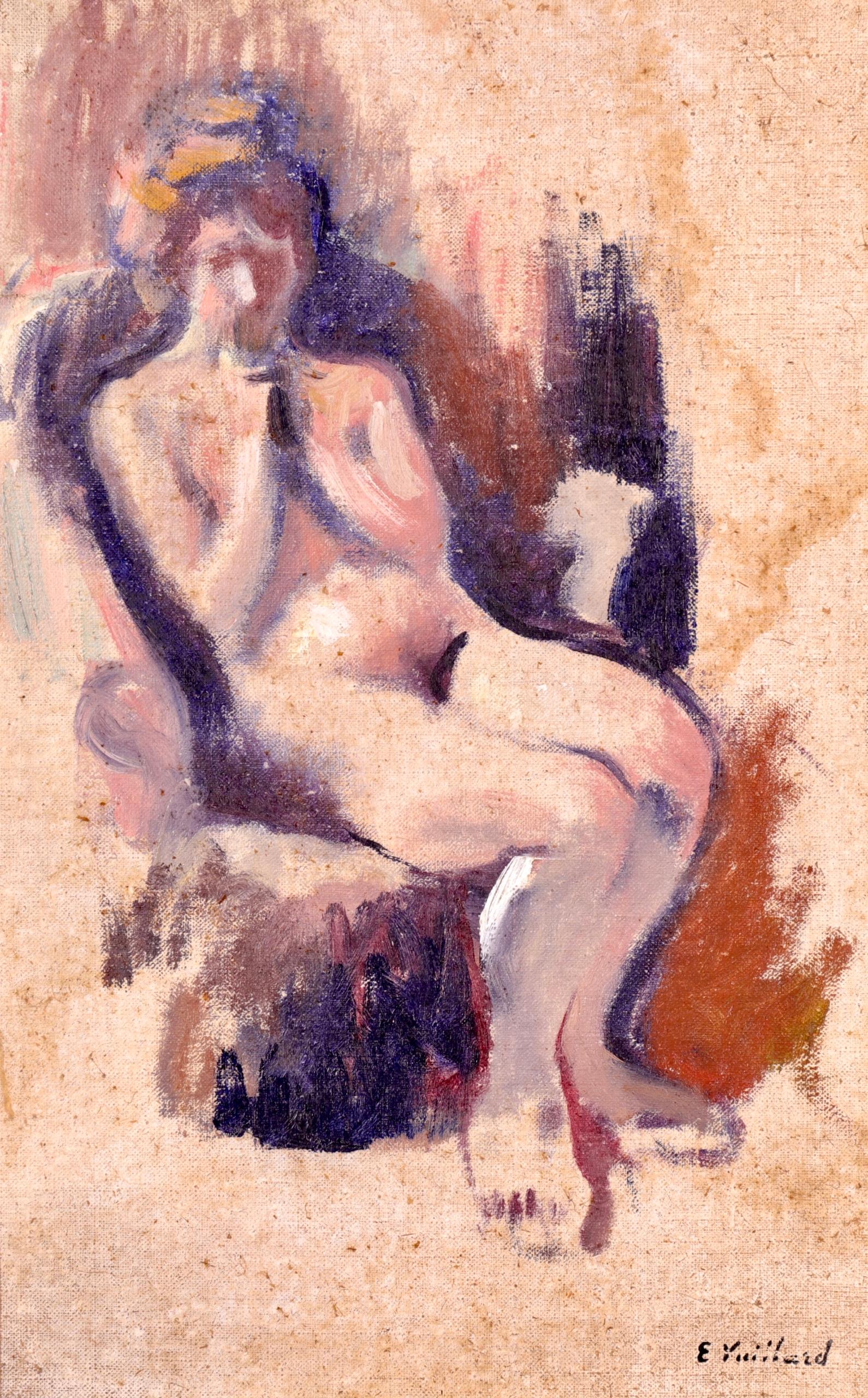Une belle huile sur toile du peintre français Nabis Edouard Vuillard représentant une femme nue reposant sur une chaise dans un intérieur. Une pièce absolument stupéfiante. 

Signature de la marque : 
Signé en bas à droite 

Dimensions : 
Encadré :