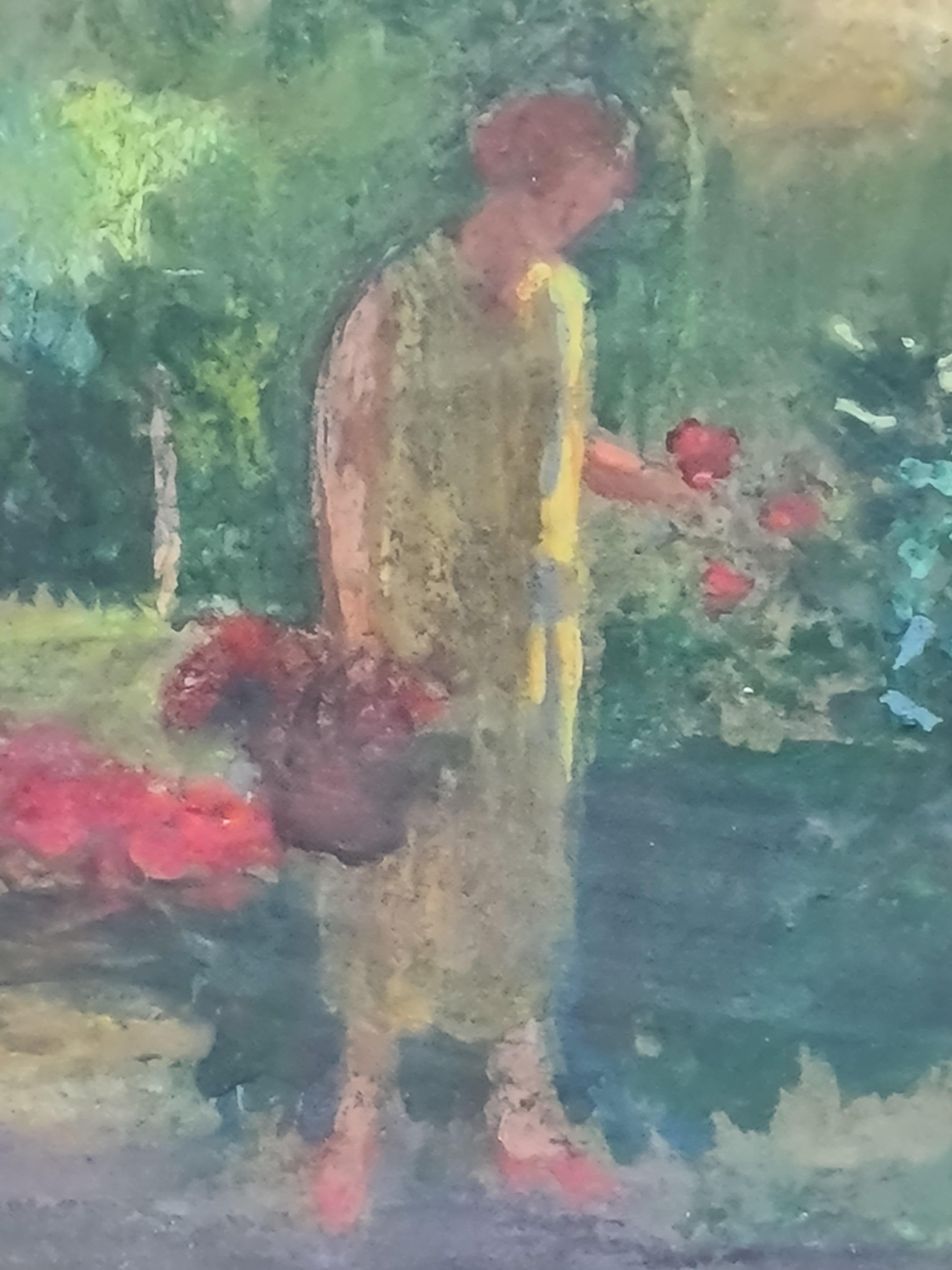 Vue d'un jardin post-impressionniste, dame cueillant des fleurs, cercle d'Edouard Vuillard en vente 9
