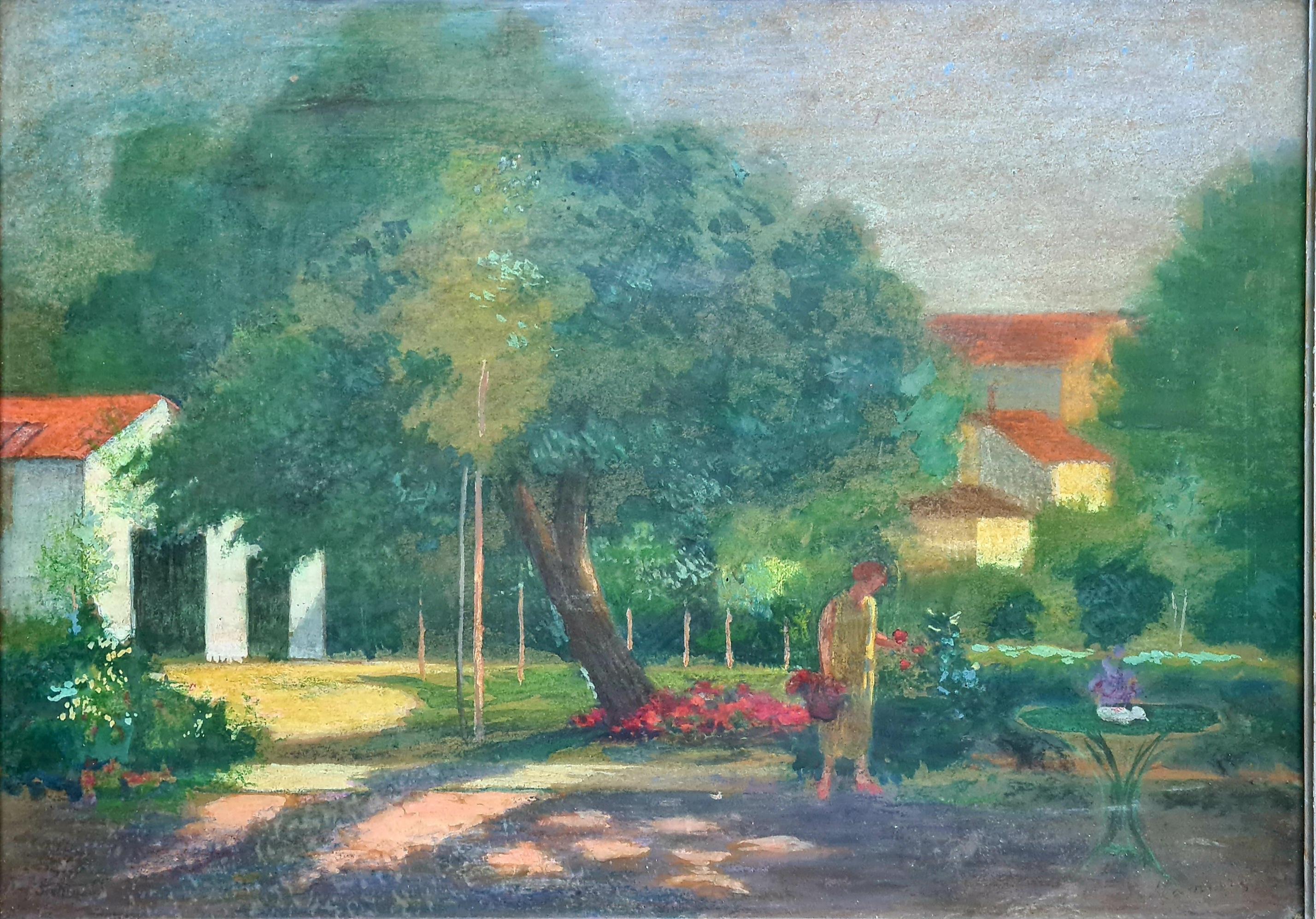 Vue d'un jardin post-impressionniste, dame cueillant des fleurs, cercle d'Edouard Vuillard en vente 1