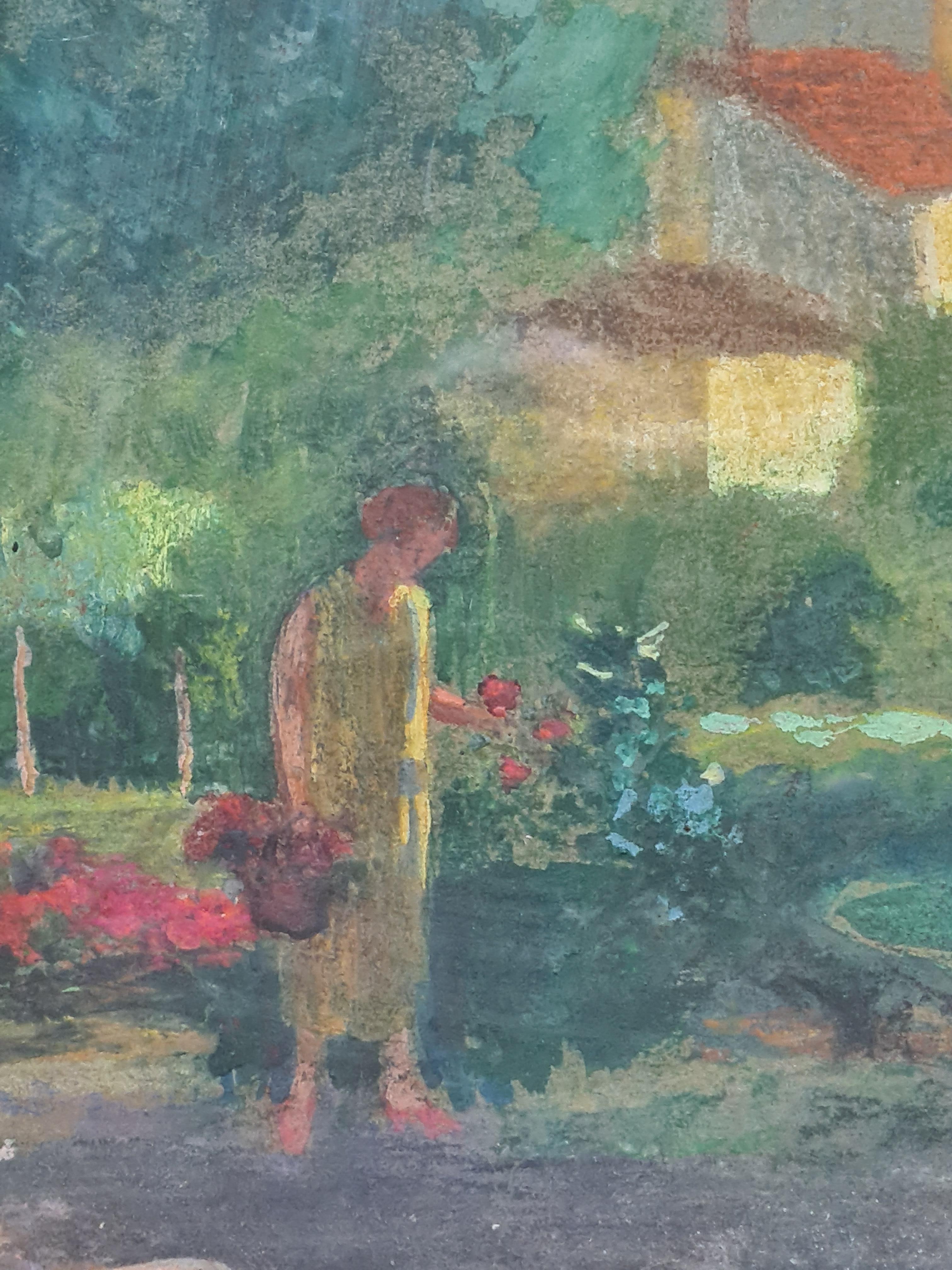Vue d'un jardin post-impressionniste, dame cueillant des fleurs, cercle d'Edouard Vuillard en vente 2