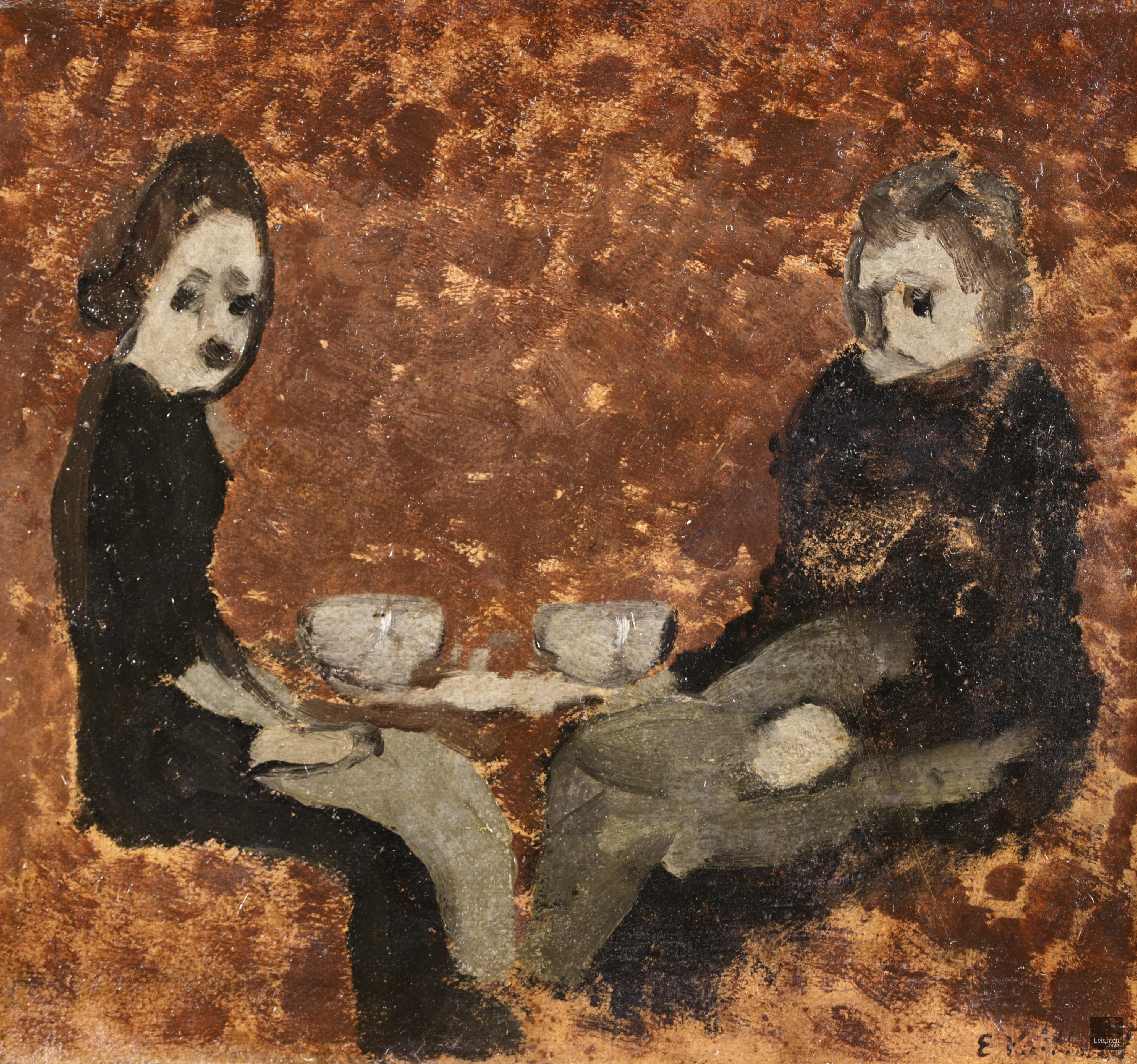 Huile figurative sur panneau signée vers 1890 par le peintre français de l'école des Nabis Edouard Vuillard. L'œuvre représente deux dames assises, vêtues de noir et d'une blouse grise, prenant un café ensemble.

Illustré dans le Catalogue raisonné
