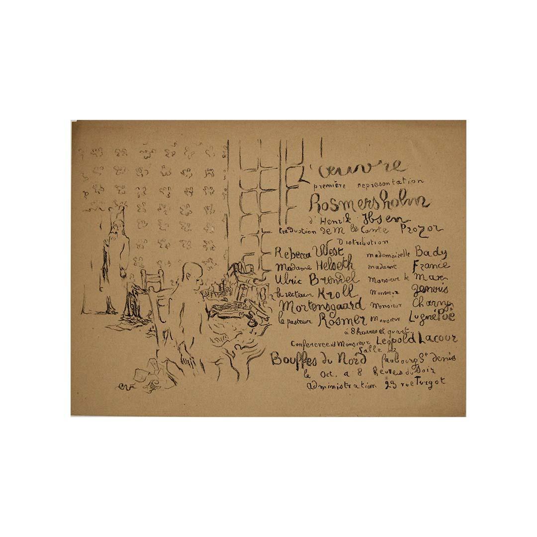 In dieser zarten, traumhaften Lithografie verleiht Édouard Vuillard dem gedruckten Programmheft für die französische Erstaufführung von Henrik Ibsens Rosmersholm, die vom Théâtre de l'Œuvre von Lugné-Poe, der Avantgarde-Bastion des symbolistischen