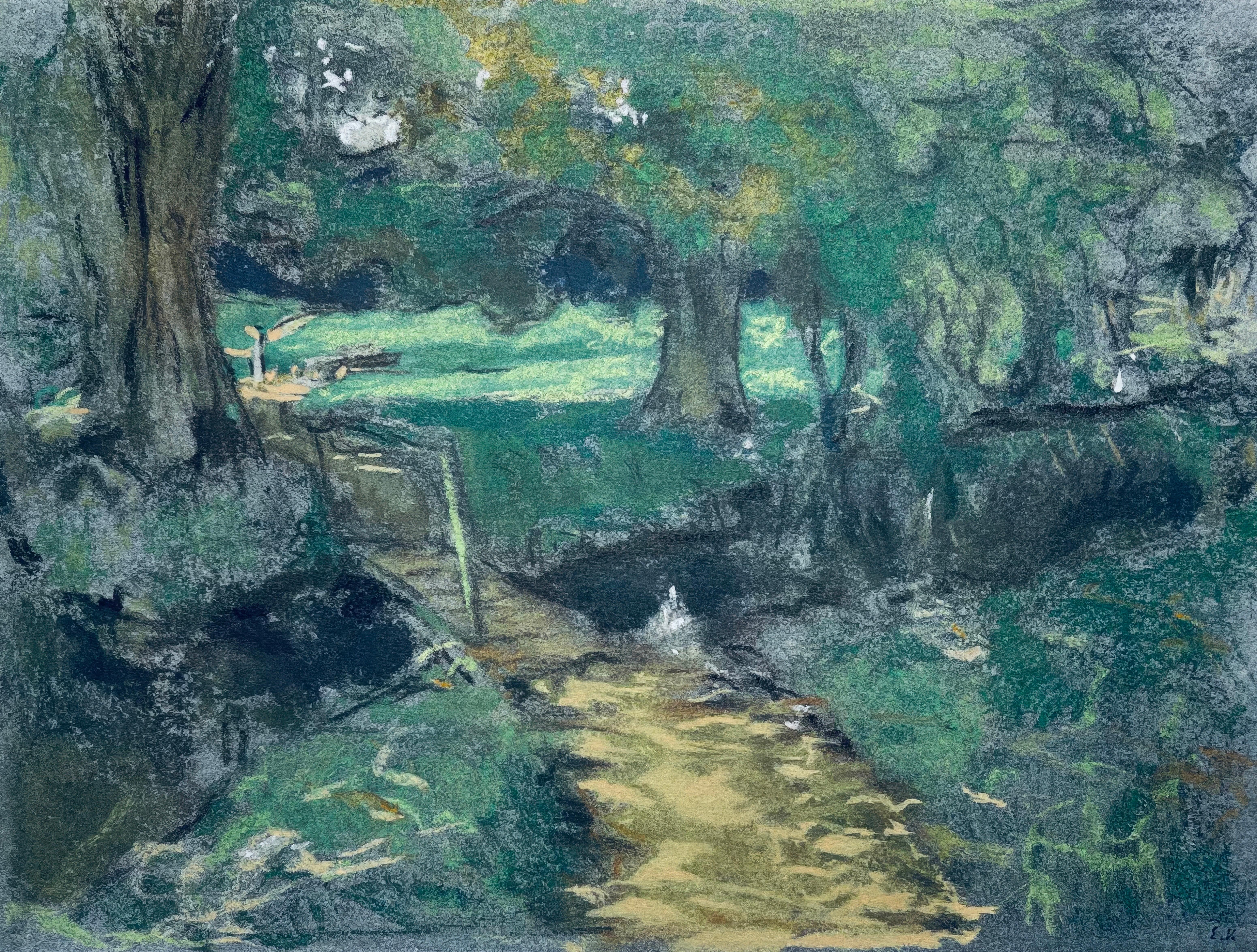 Diese exquisite Lithographie und Pochoir nach Jean-Edouard Vuillard (1868-1940) mit dem Titel La Passerelle (Der Steg) aus dem Folio Vuillard, Douze Pastels (Vuillard, Zwölf Pastelle) stammt aus der Ausgabe von 1966, herausgegeben von La