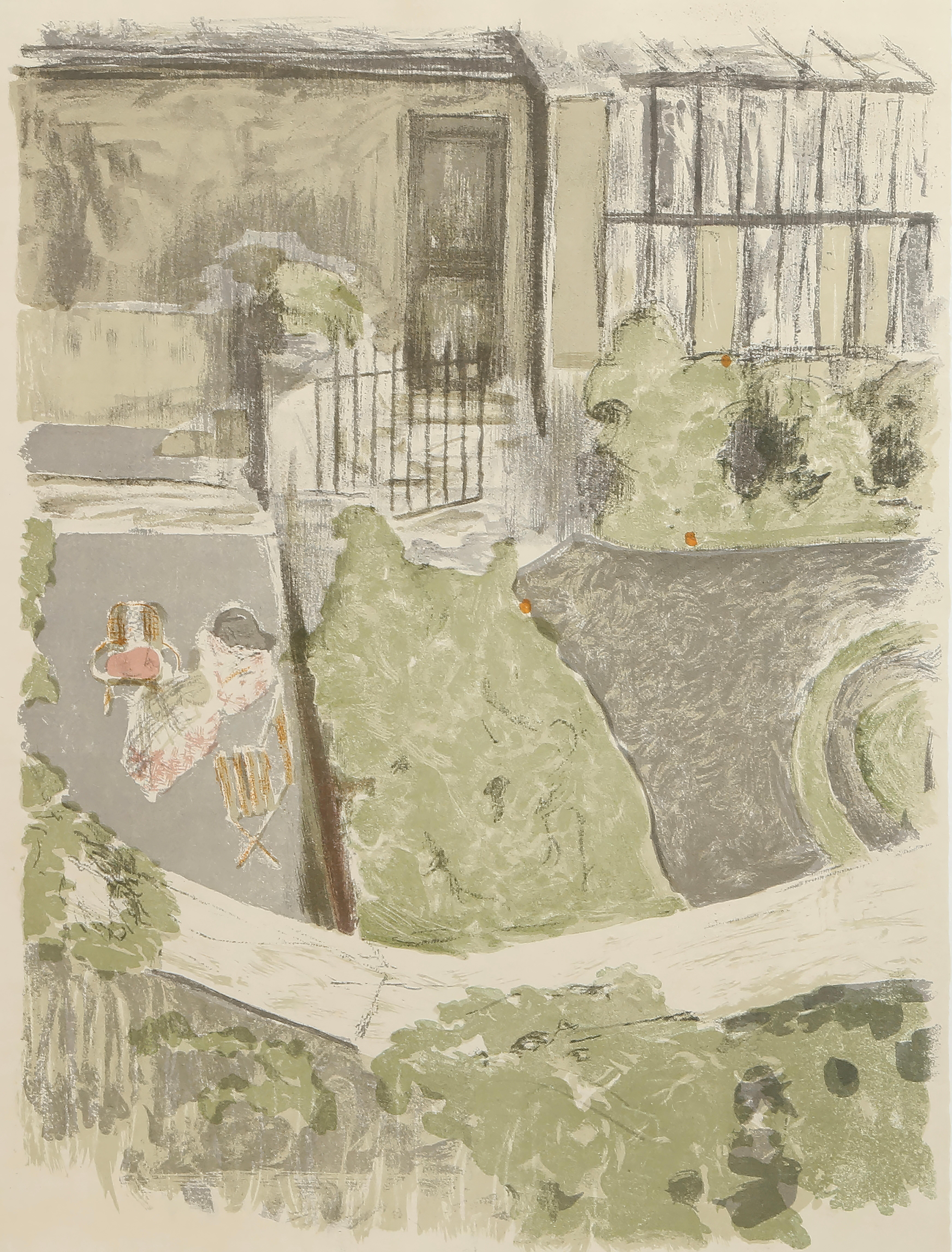 Questa splendida litografia di Jean-Edouard Vuillard (1868-1940), intitolata Le jardin devant l'atelier (Il giardino davanti allo studio), tratta da L'oeuvre grave de Vuillard (L'opera grafica di Vuillard), proviene dall'edizione del 1948 pubblicata