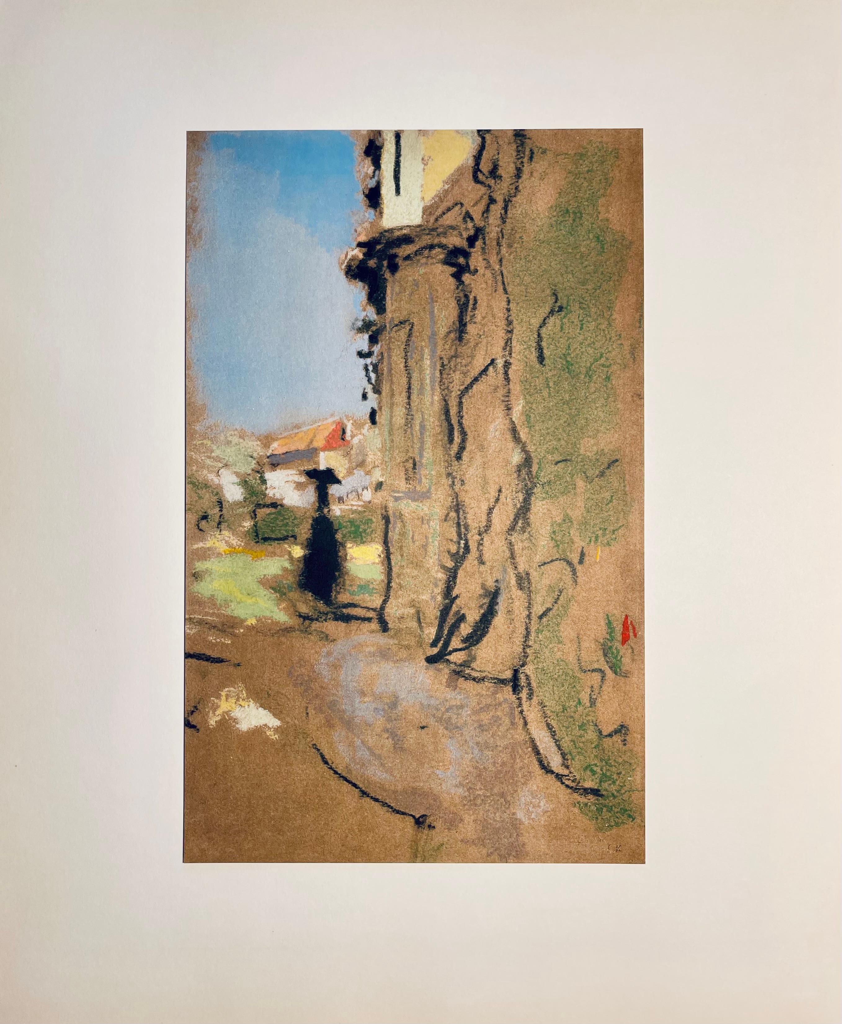 Litografía y estarcido sobre papel vélin montado sobre cartulina de museo, tal como se emitió. Sin firmar y sin numerar, tal como se publicó. Buen estado. Notas: Del folio, Vuillard, Douze Pastels Présentés et Commentés par Jacques Salomon, 1966.
