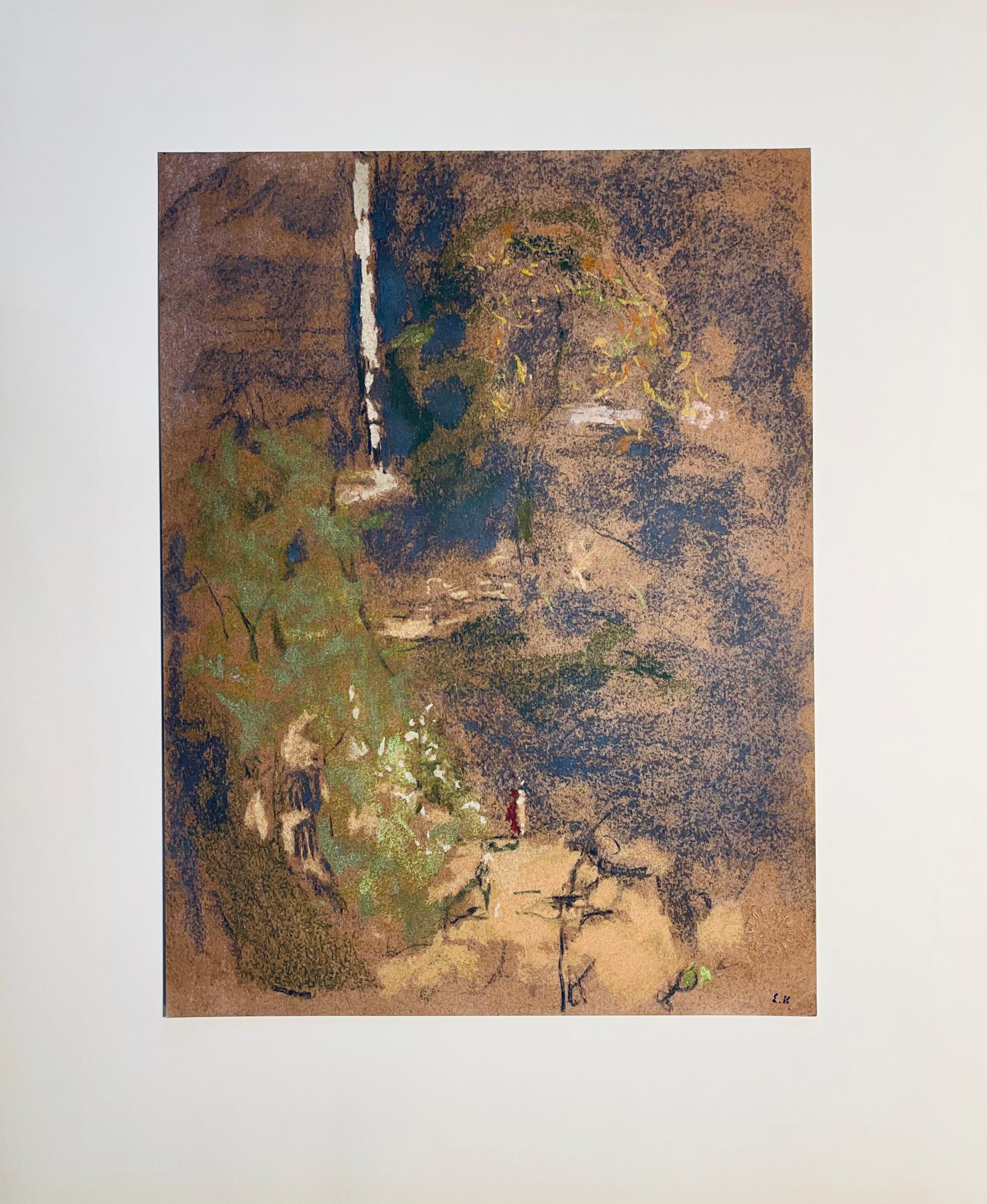 Litografía y estarcido sobre papel vélin montado sobre cartulina de museo, tal como se emitió. Sin firmar y sin numerar, tal como se publicó. Buen estado. Notas: Del folio, Vuillard, Douze Pastels Présentés et Commentés par Jacques Salomon, 1966.