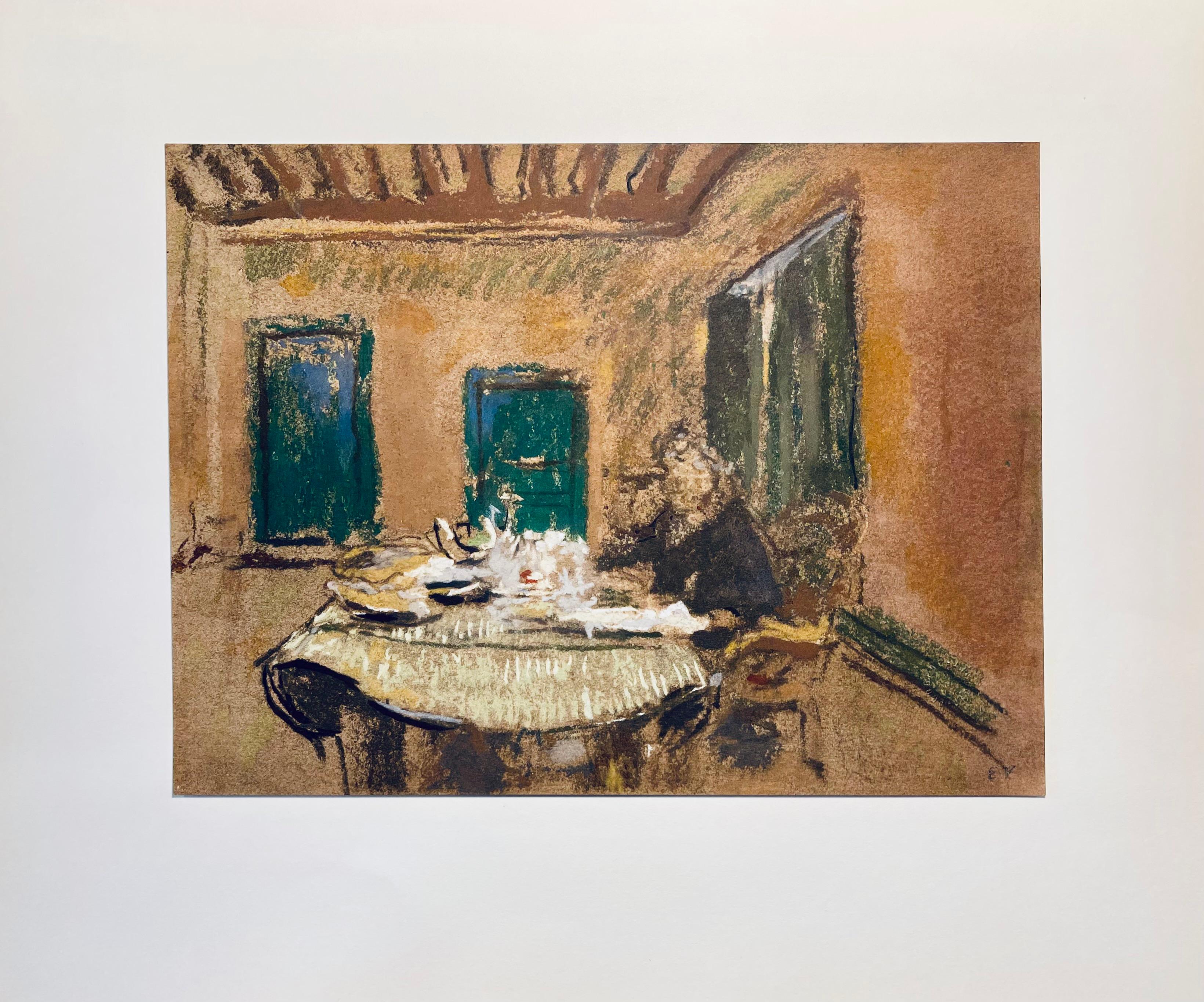 Litografía y estarcido sobre papel vélin montado sobre cartulina de museo, tal como se emitió. Sin firmar y sin numerar, tal como se publicó. Buen estado. Notas: Del folio, Vuillard, Douze Pastels Présentés et Commentés par Jacques Salomon, 1966.