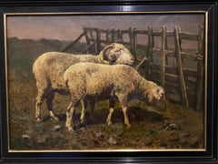 Peinture du XIXe siècle représentant deux moutons - animal de la campagne