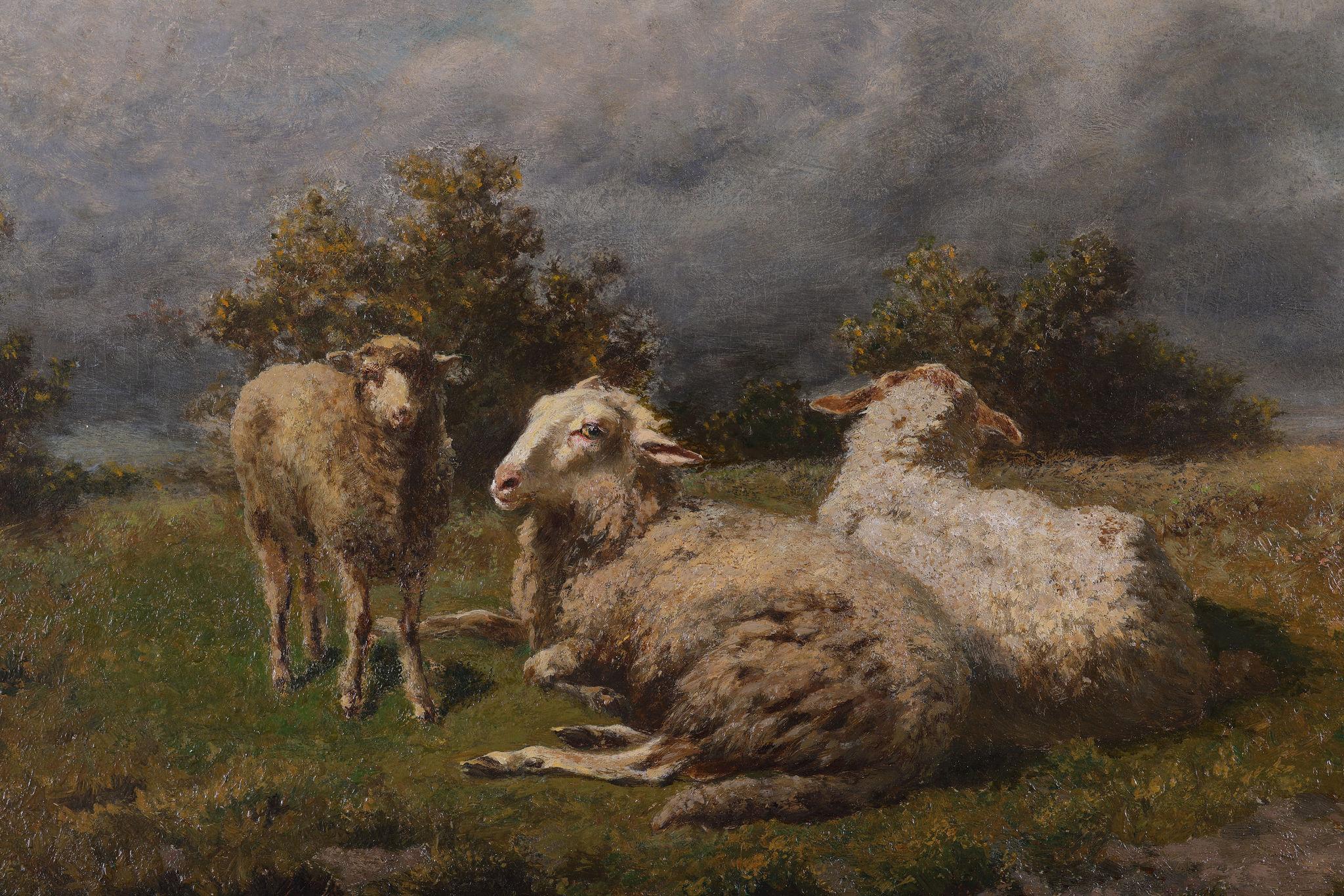Moutons avec leur agneau - Painting de Edouard Woutermaertens  