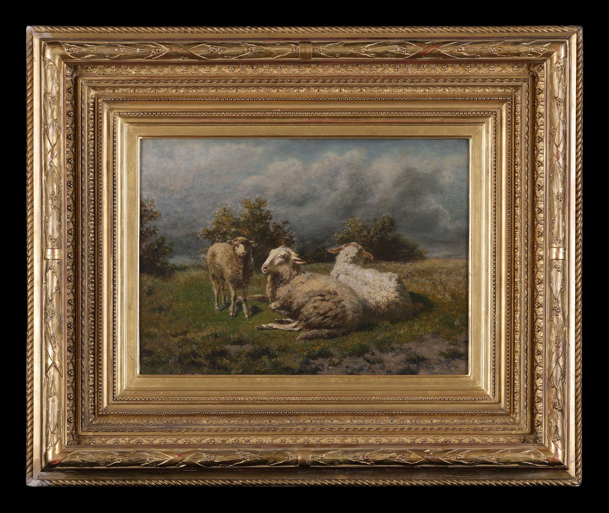 Sheep with their Lamb - Barbizon School Painting by Edouard Woutermaertens  