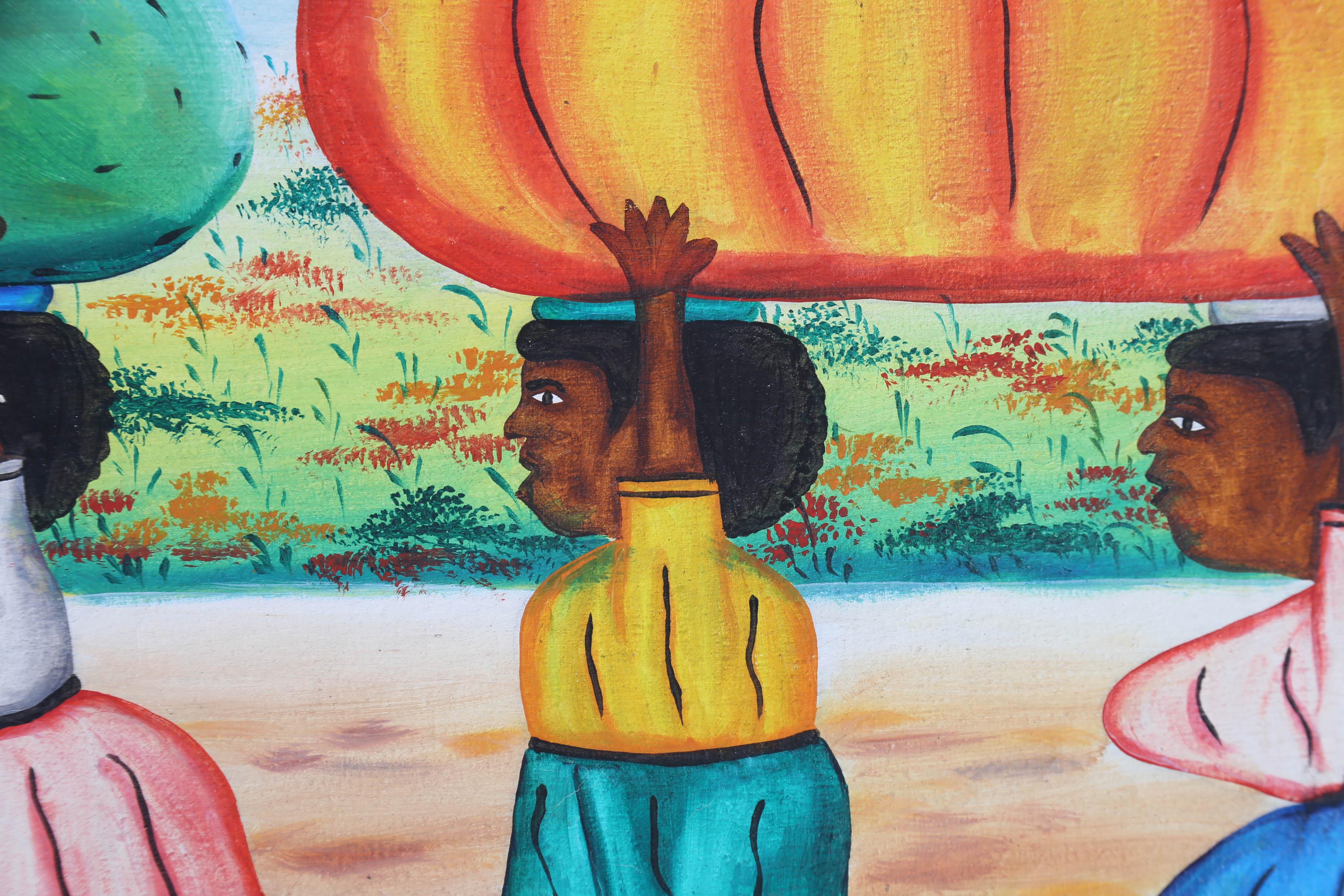Une peinture scolaire haïtienne comique d'après Jacques-Richard Chery, représentant trois jeunes enfants portant sur leur tête des morceaux de fruits plus grands que nature. Signé et daté en bas à gauche. Le tableau est bien présenté dans un cadre