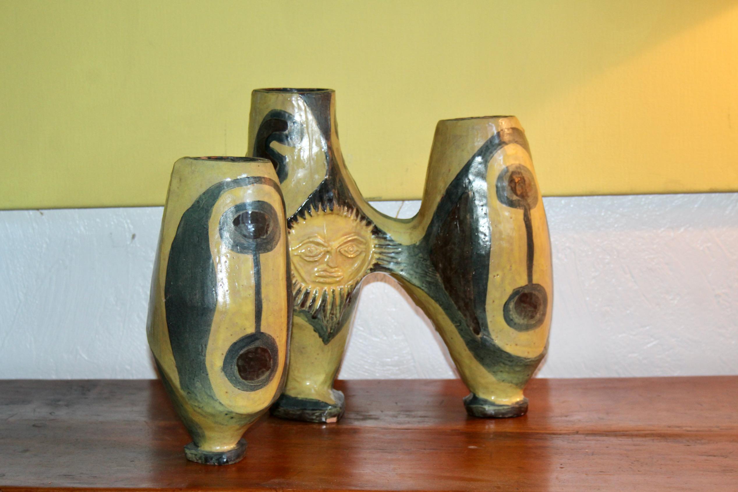 ceramic candle holder vase organic shape painted with abstract pattern unique piece signed by Edouard Zurlinden for Artibou cabinetmaker , small damage on the base see photo