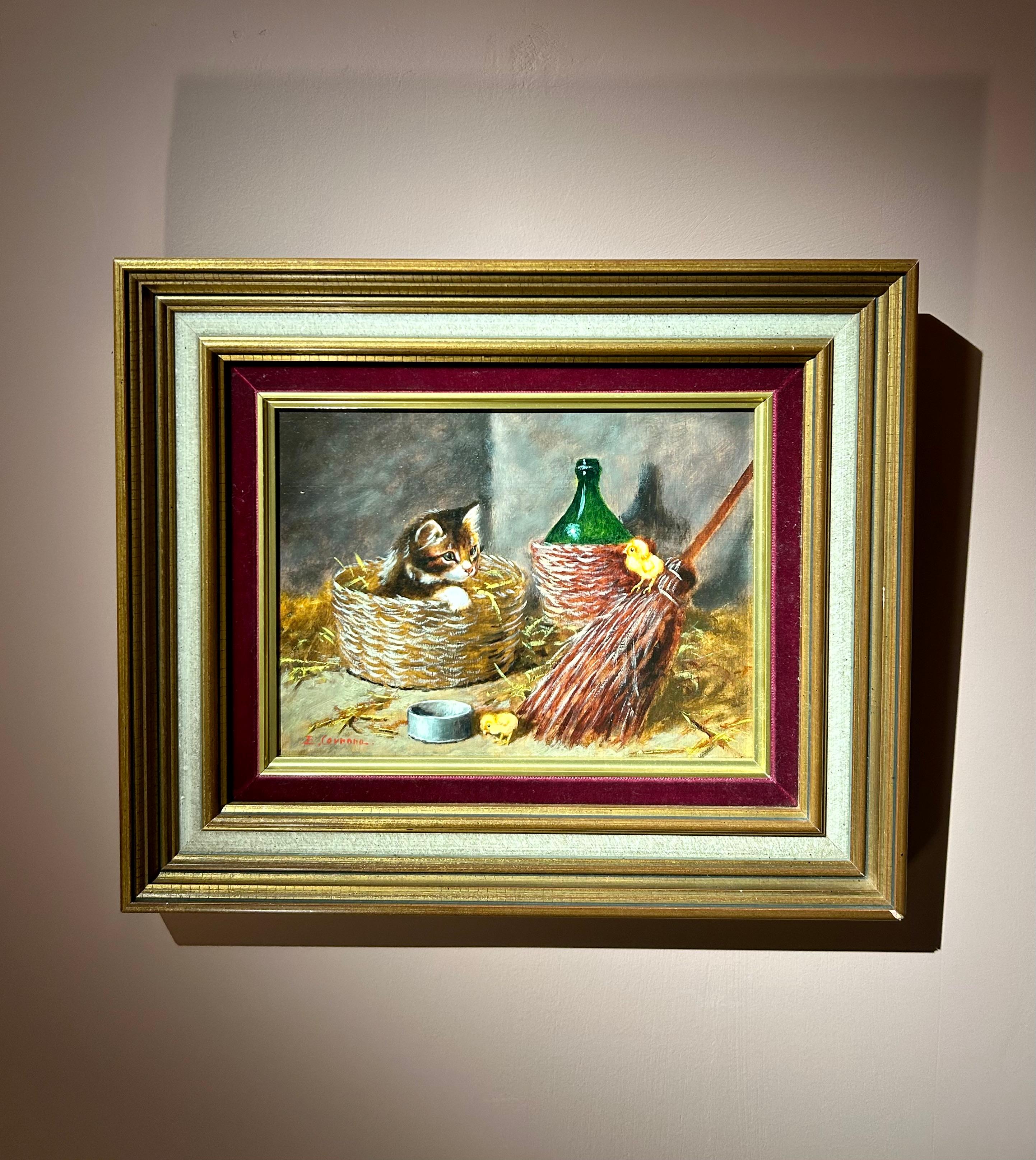 Cat in Basket, Still Life Animal Painting - Brown Interior Painting by Edouardo Cerrone