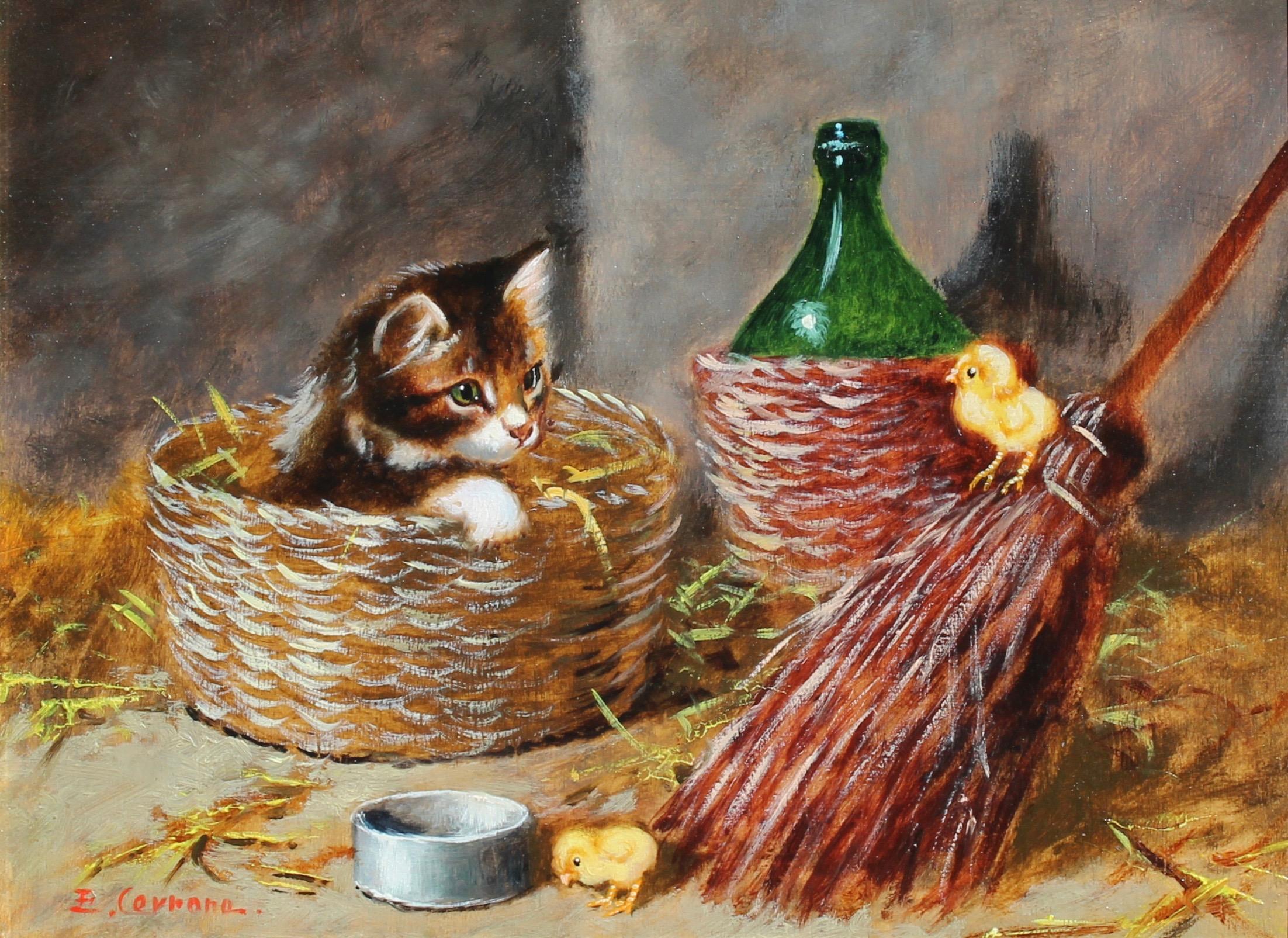 Edouardo Cerrone Interior Painting - Cat in Basket, Still Life Animal Painting