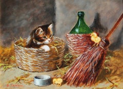 Vintage Cat in Basket, Still Life Animal Painting