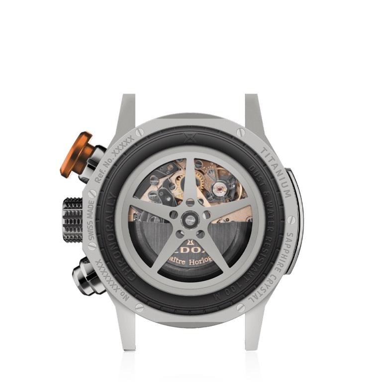 Titanium case with a orange leather strap. Fixed bezel. Grey dial with silver-tone hands and index-Arabic numeral hour markers. Minute markers around the outer rim. Dial Type: Analog. Luminescent hands and markers. Date display at the 3 o'clock
