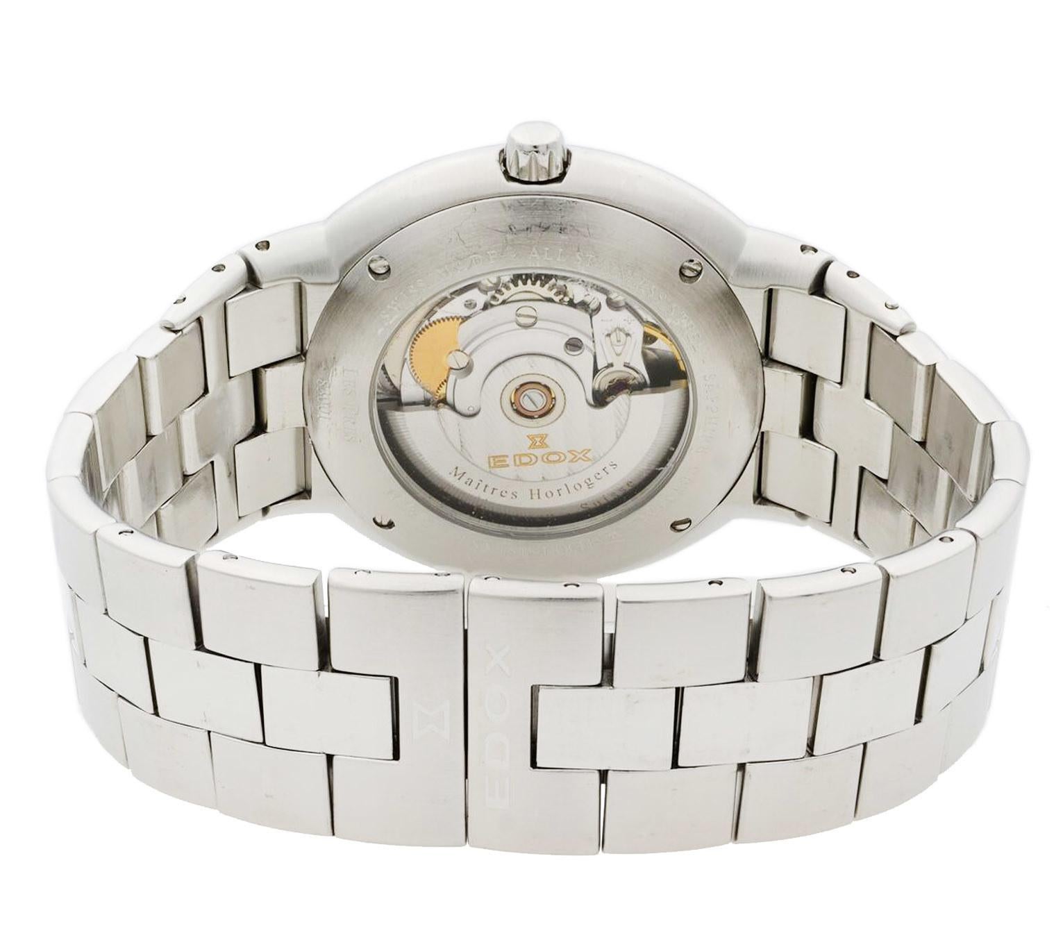 Edox Les Pres Stainless Steel Day-Date Silver Dial Automatic Mens Watch 83001 In Excellent Condition In New York, NY