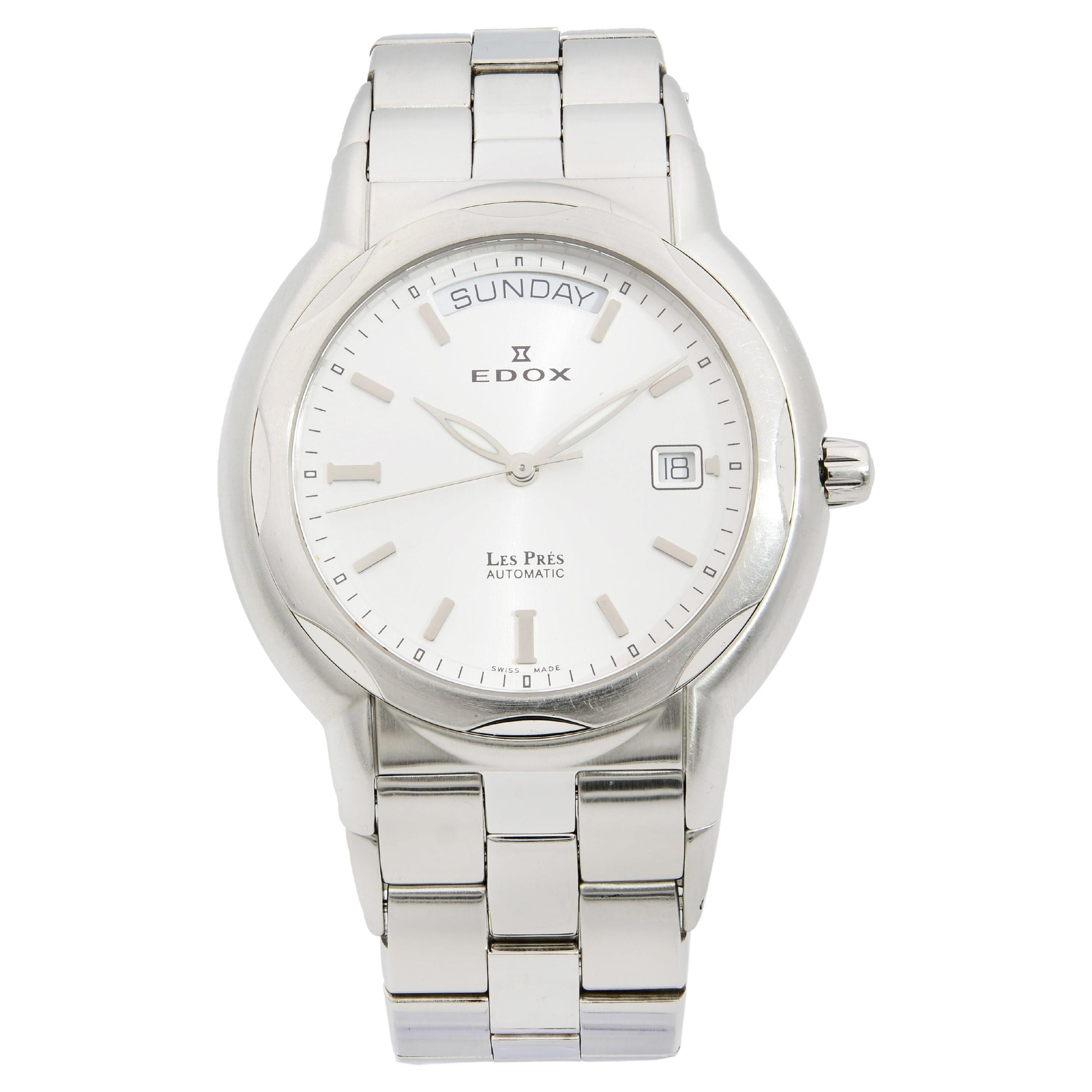 Edox Les Pres Stainless Steel Day-Date Silver Dial Automatic Mens Watch  83001 For Sale at 1stDibs