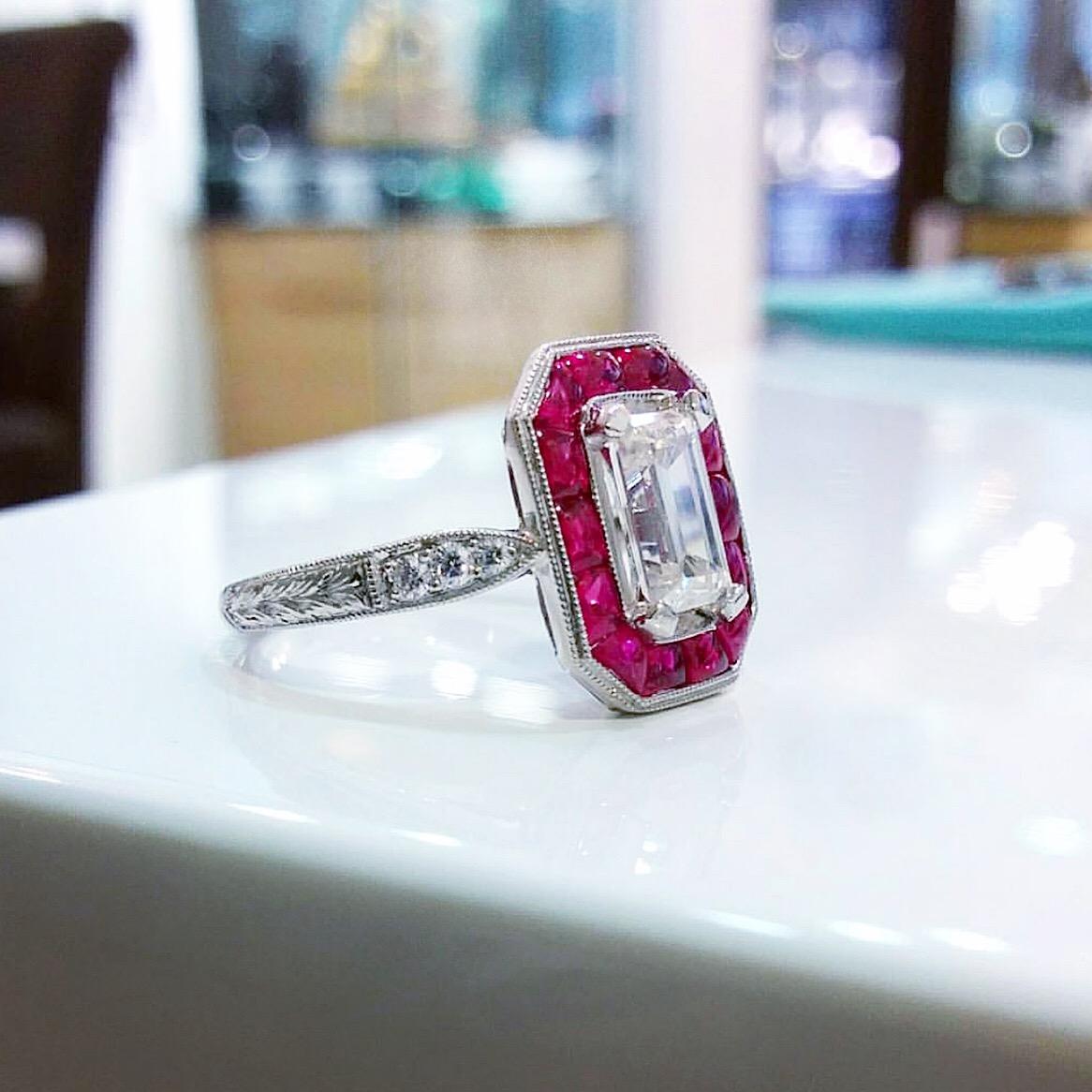 EDR Certified 1.10 Carat Emerald Cut Diamond and Ruby Halo Ring, circa 1950s 1