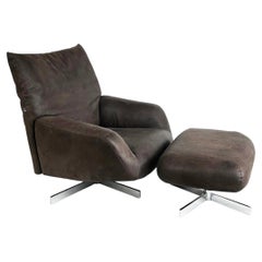 Edra Chiara Model Ottoman, Lounge Chair with Nickel Bases, Supple Leather
