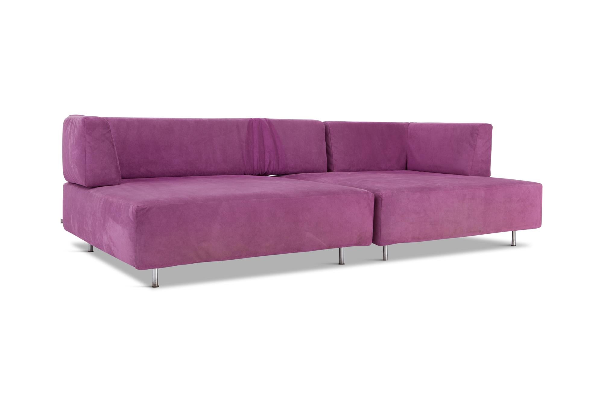 Modular sofa elements in original purple fabric, designed by Francesco Binfaré for Edra, Italy, 1993. The two elements can be placed in a variety of positions in playful manner due the adjustable backrest. The sofa is made with high quality