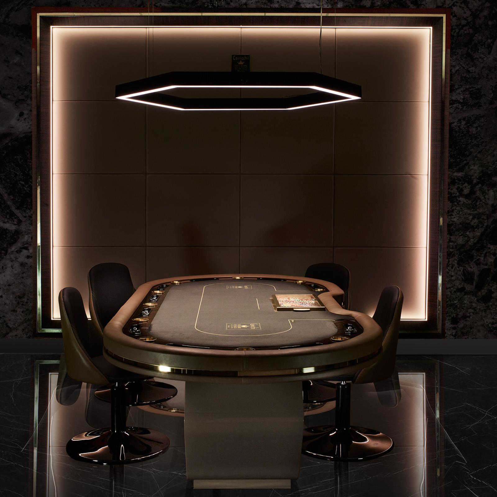 This exclusive Texas Hold'em poker table for up to 10 players is characterized by hexagonal lines. The wooden fiber panel base in Makassar ebony and Kame colored glossy finish is emphasized by LED light inserts. The ebony game board is in
