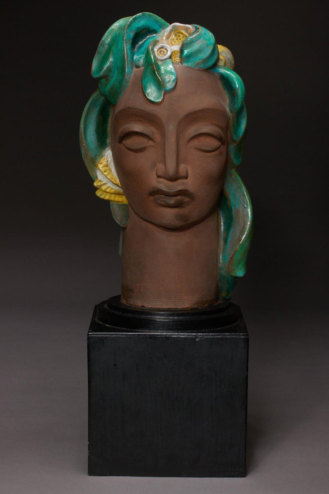 Edris Eckhardt Figurative Sculpture - Earth, Ceramic Figural Female Head by Cleveland School Artist