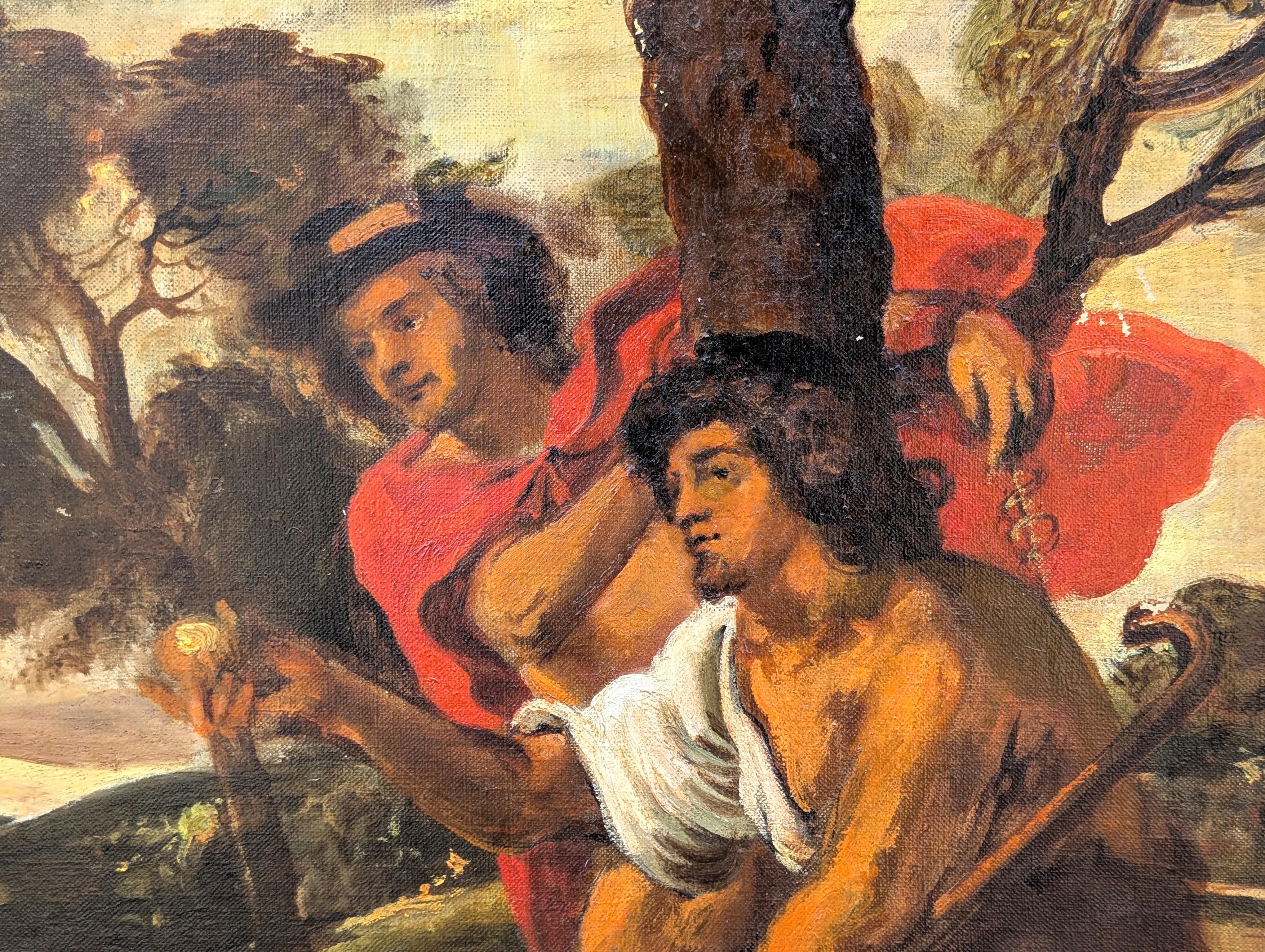 Peinture mythologique classique de l'artiste Edsel Cramer de Houston. Connu pour ses portraits d'inspiration classique d'éminents habitants de Houston, cette œuvre, qui représente le mythe du Jugement de Paris, est une pièce unique dans son corpus