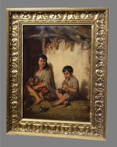 Genre scene Young street musician Early 20th century Austrian masterwork Framed