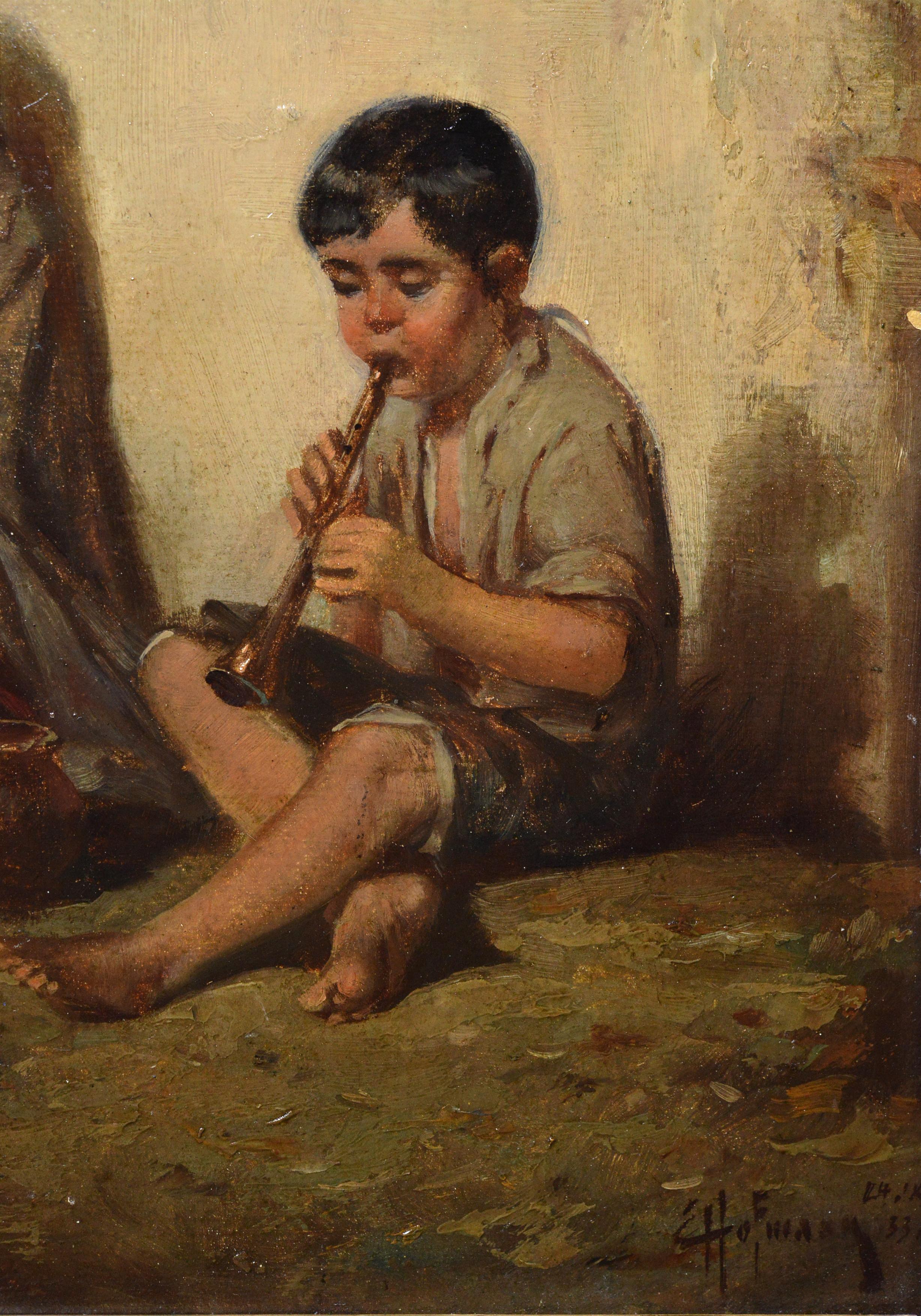 Genre scene Young street musician Early 20th century Austrian masterwork Framed - Realist Painting by Eduard Ansen-Hofmann (1862-1955)