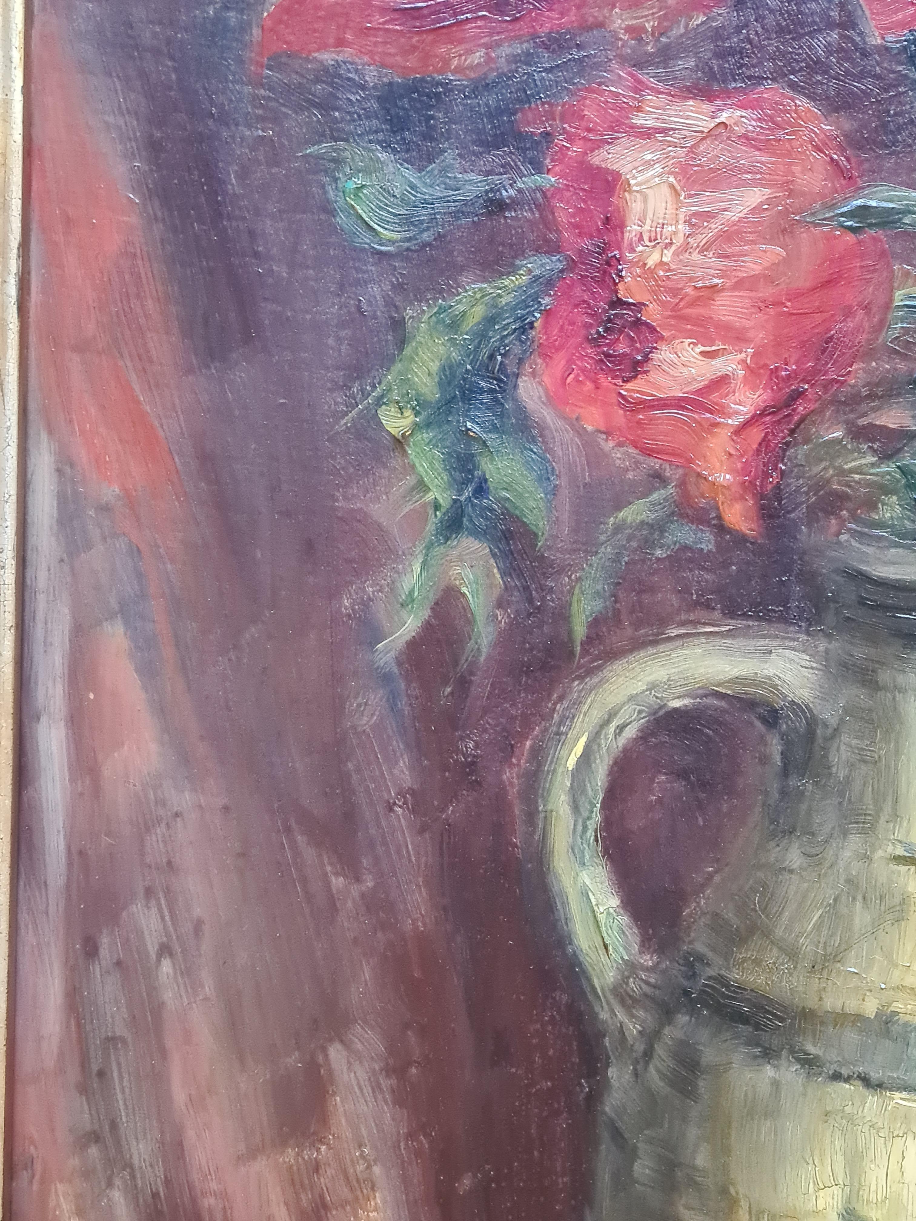 Gran óleo naturalista sobre tabla, Papaver Orientale, Amapolas en un jarrón en venta 6