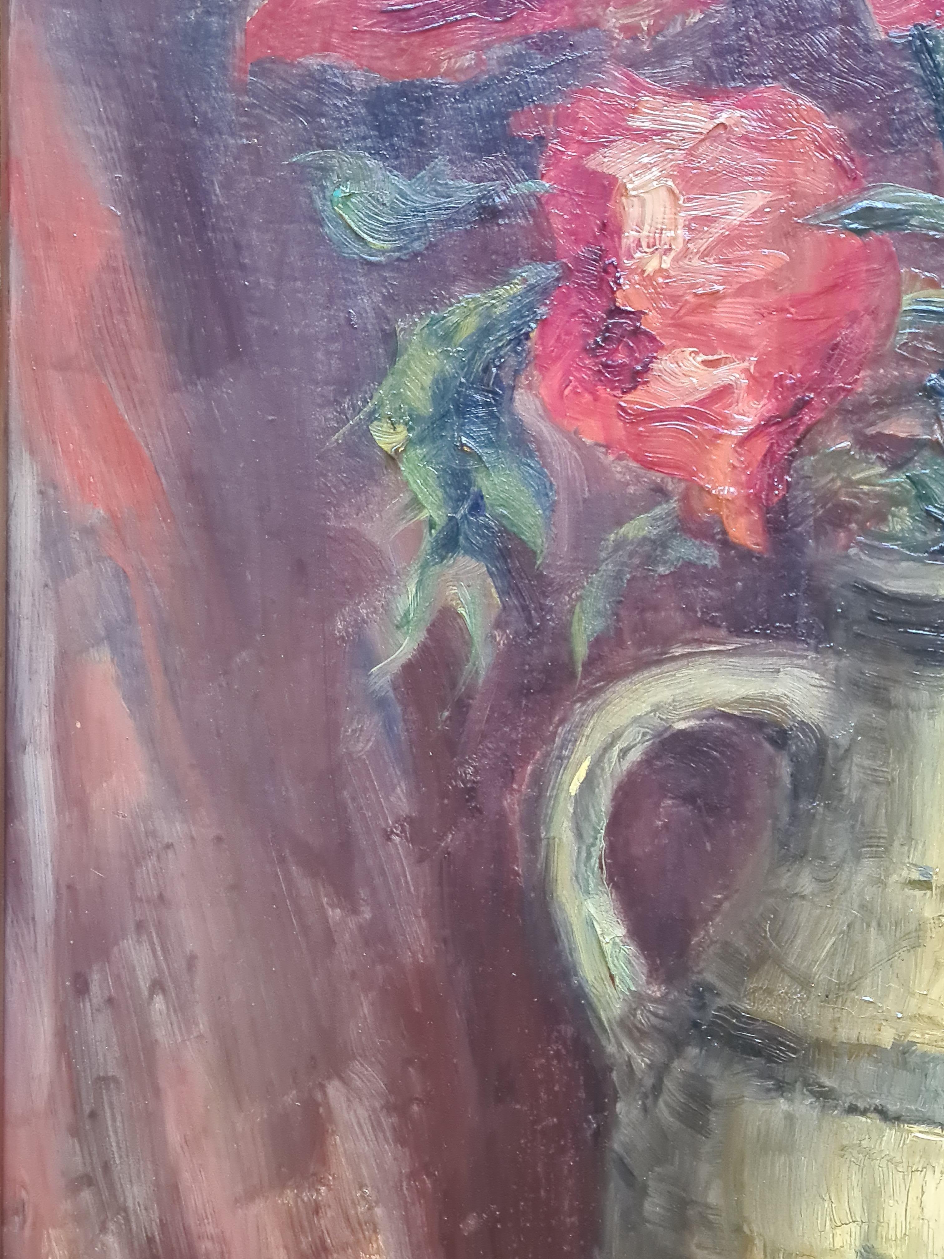 Gran óleo naturalista sobre tabla, Papaver Orientale, Amapolas en un jarrón en venta 7