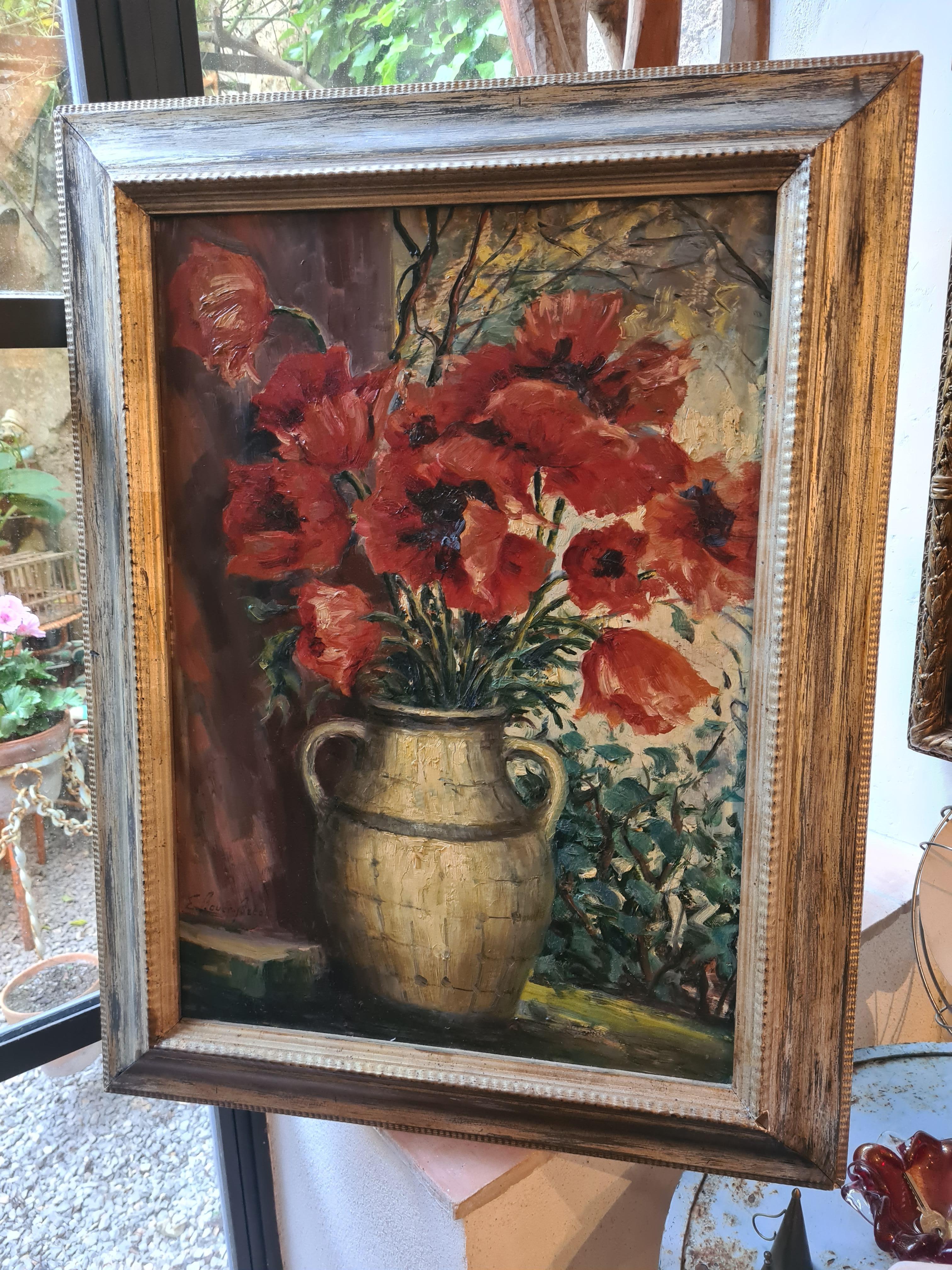 Gran óleo naturalista sobre tabla, Papaver Orientale, Amapolas en un jarrón en venta 9