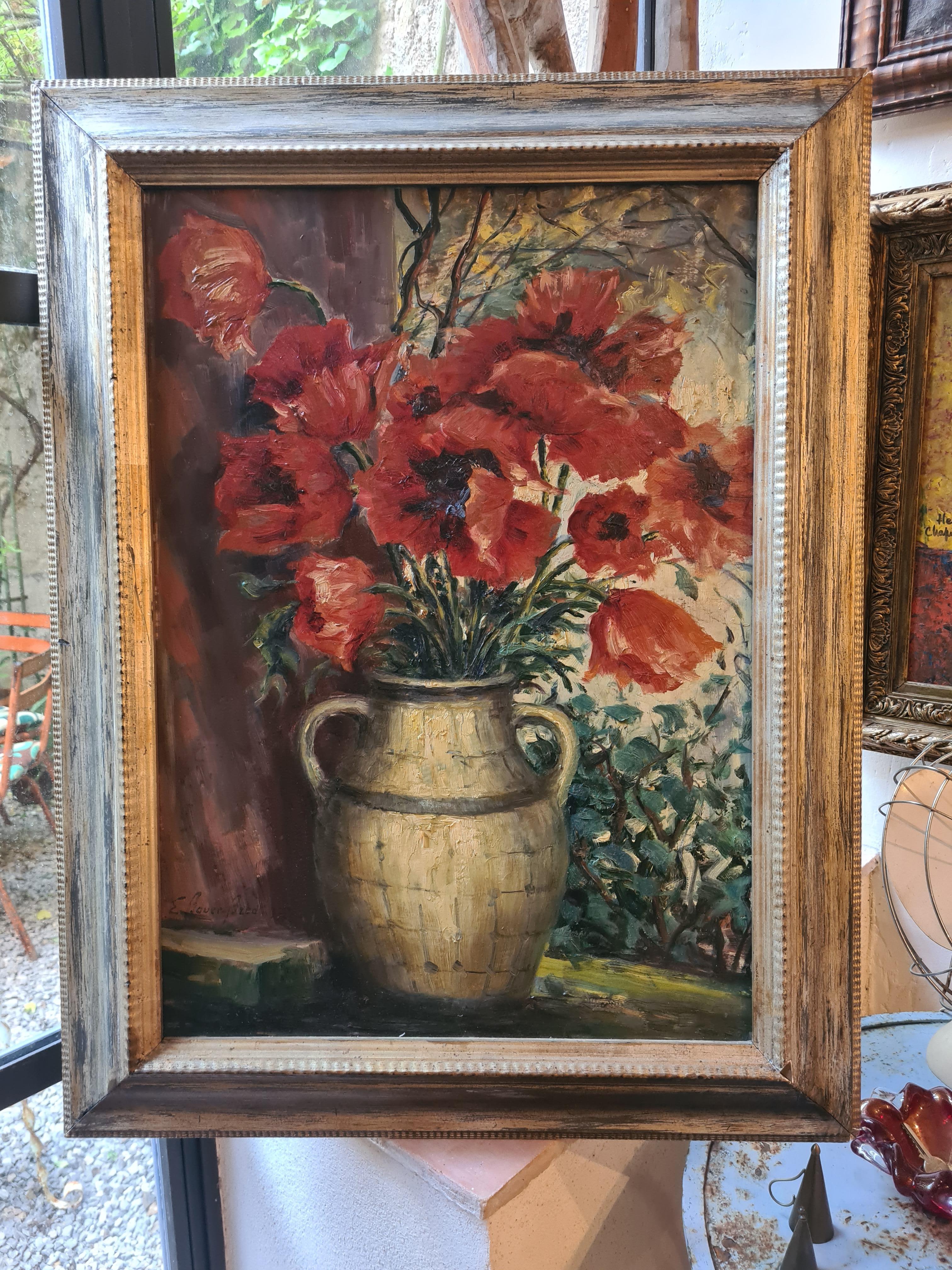 Gran óleo naturalista sobre tabla, Papaver Orientale, Amapolas en un jarrón en venta 10