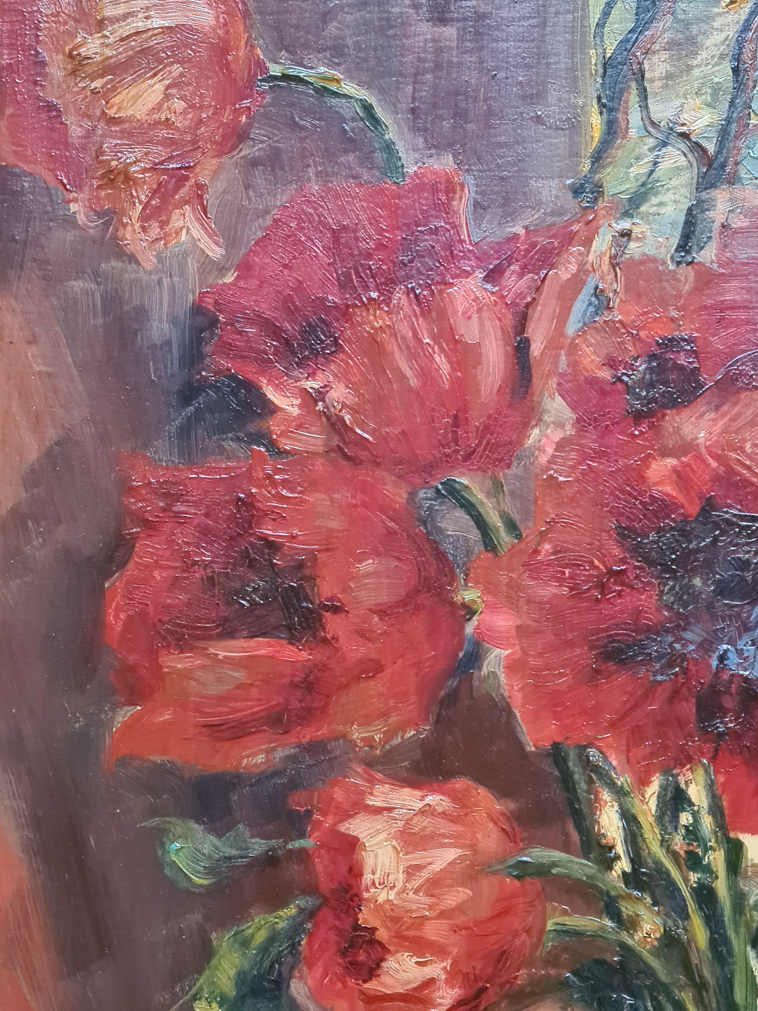 Gran óleo naturalista sobre tabla, Papaver Orientale, Amapolas en un jarrón en venta 1