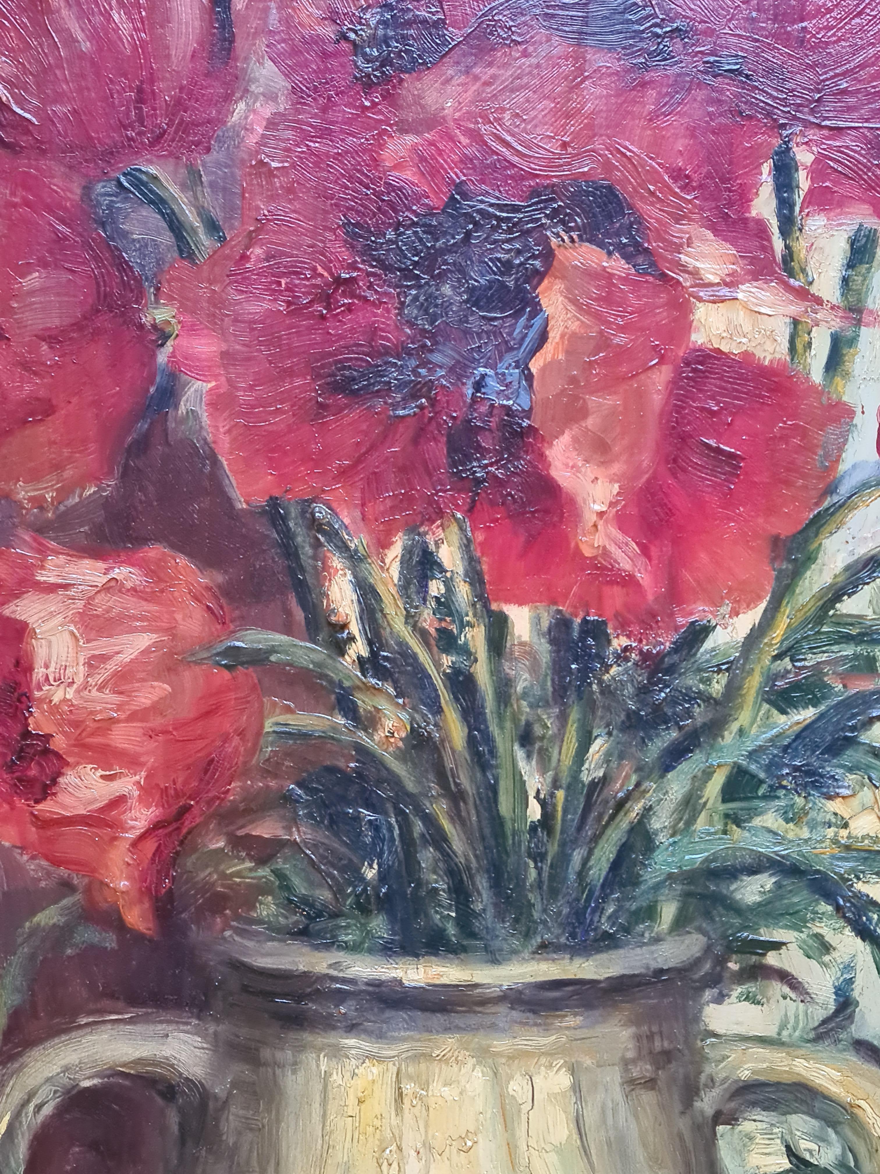 Gran óleo naturalista sobre tabla, Papaver Orientale, Amapolas en un jarrón en venta 2