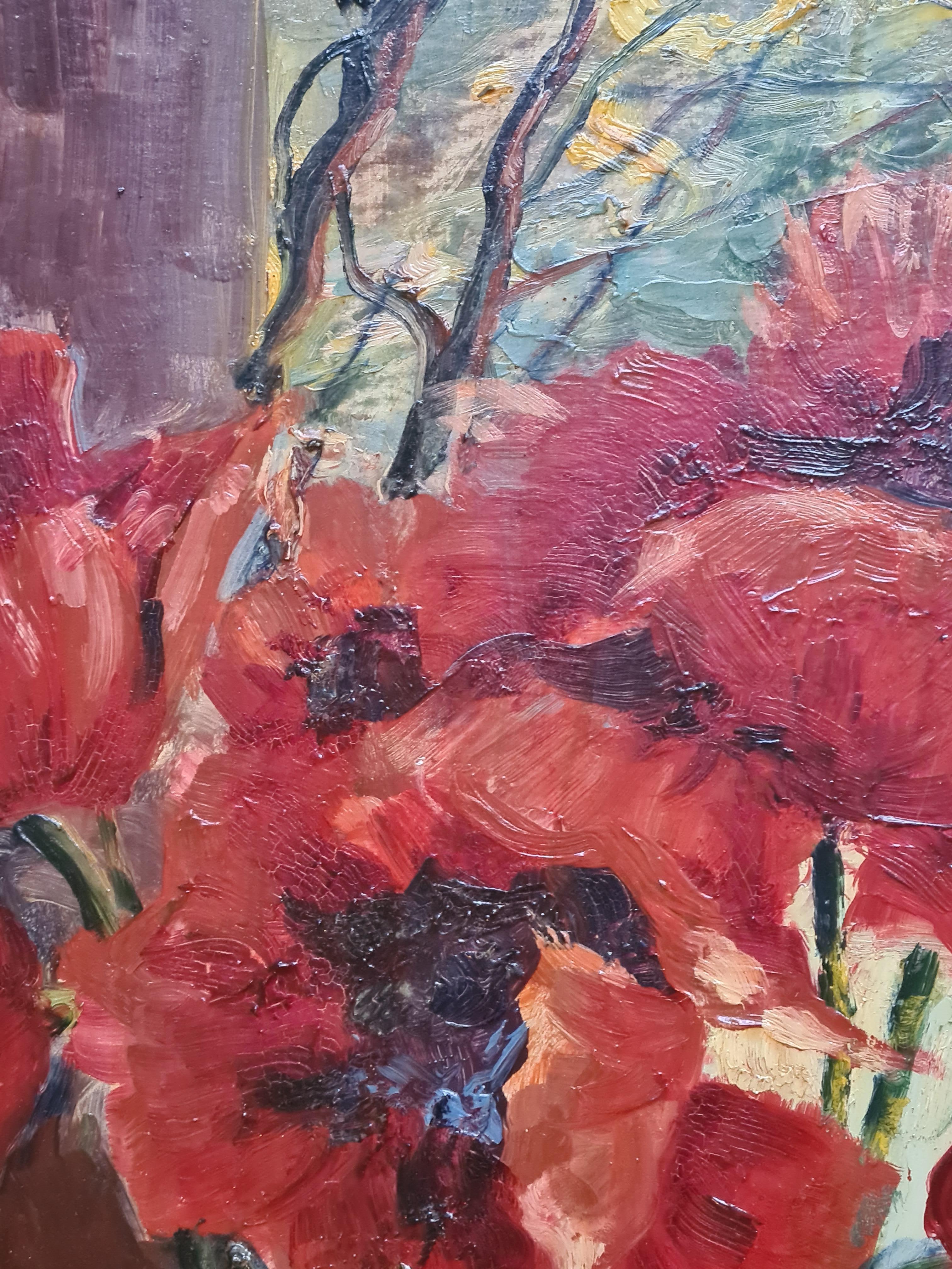 Gran óleo naturalista sobre tabla, Papaver Orientale, Amapolas en un jarrón en venta 3