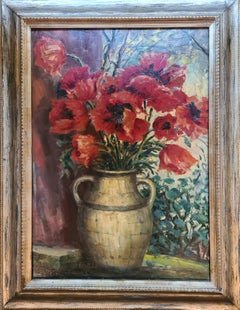 Gran óleo naturalista sobre tabla, Papaver Orientale, Amapolas en un jarrón