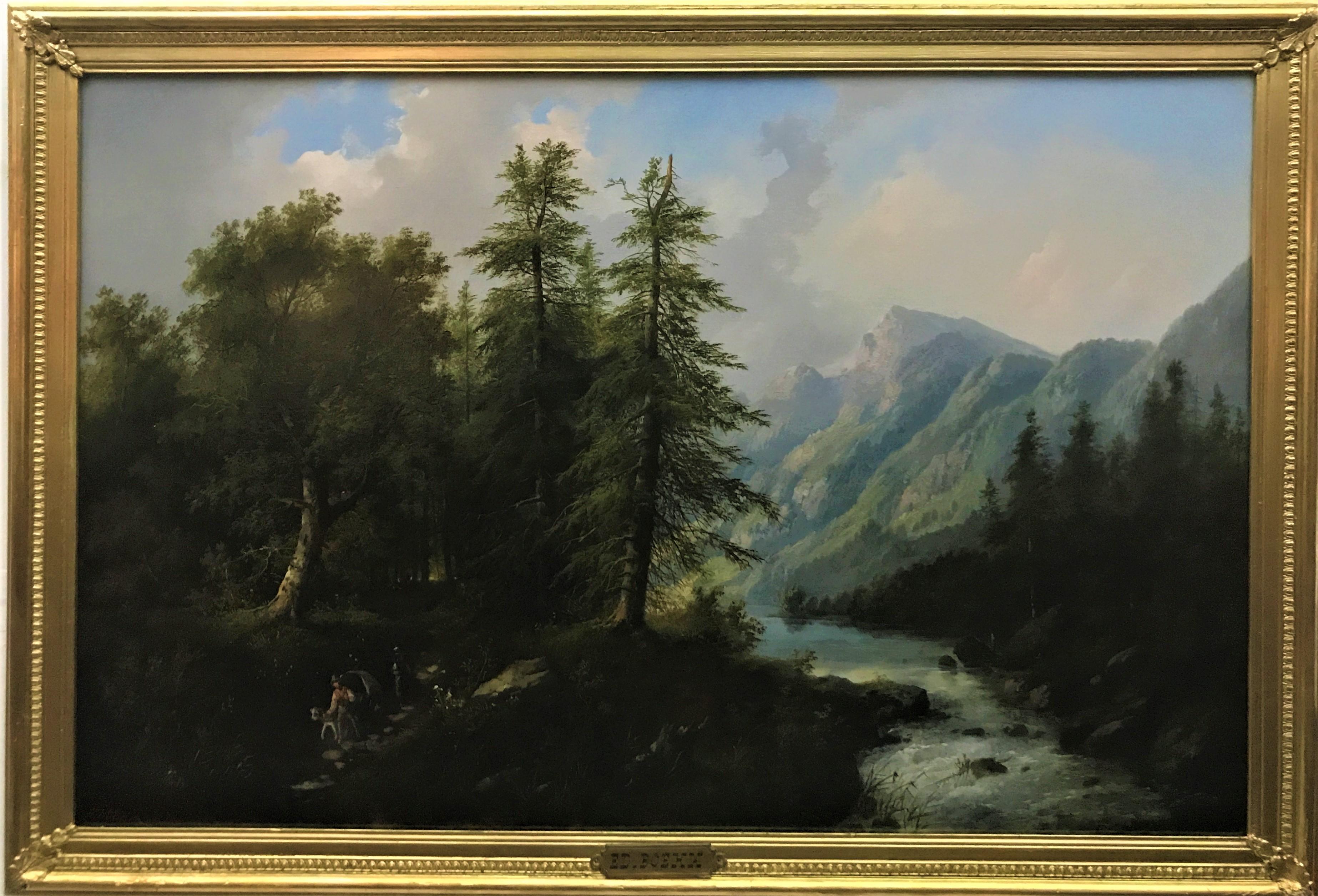 Swiss Landscape, original oil on canvas, c1870, Austrian realist painter - Painting by Eduard Boehm