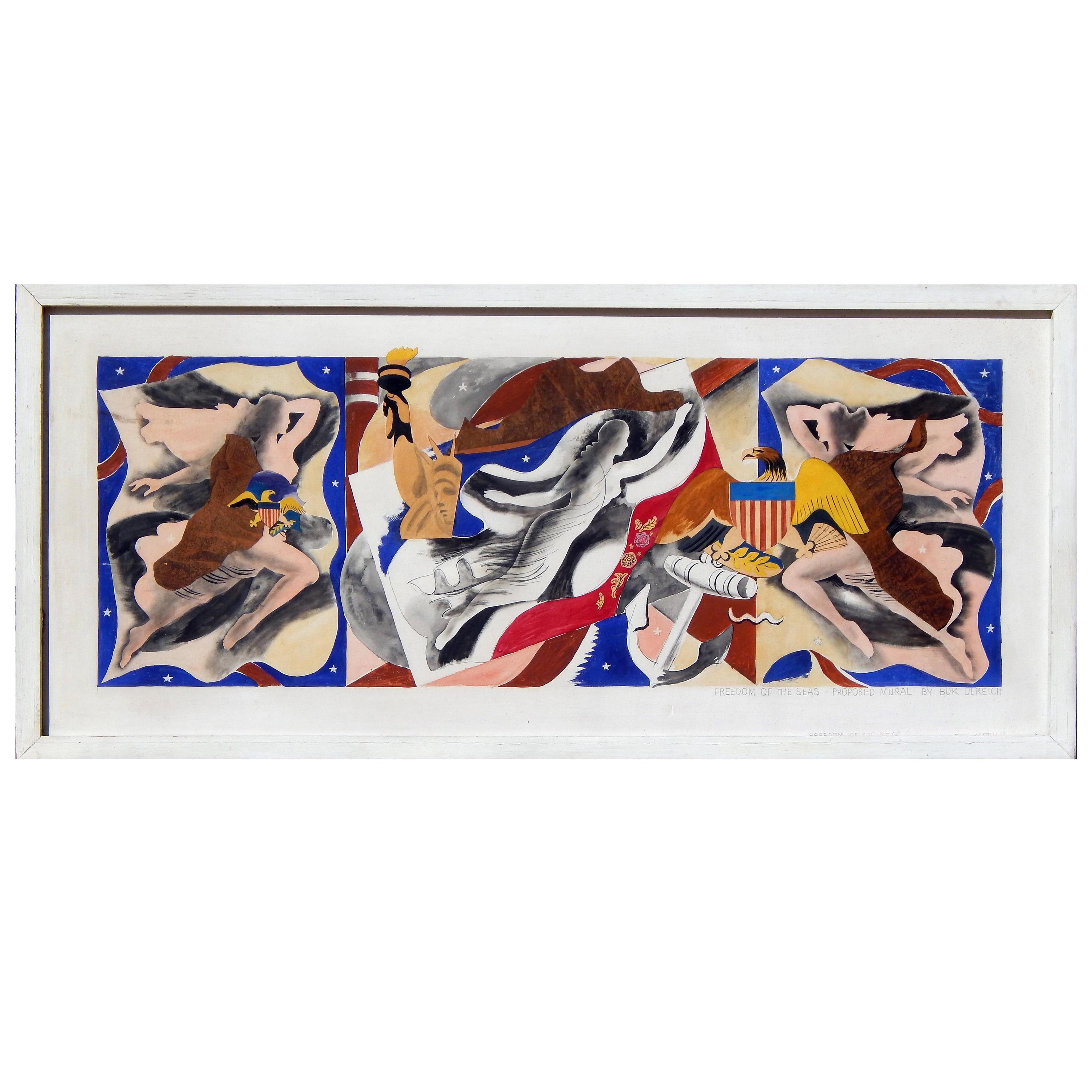 Eduard Buk Ulreich (1899-1966) técnica mixta sobre tabla, años 40
Diseño para un mural. Titulada: Libertad de los Mares.
Medidas: 12,75" H x 35,25" A
En excelente estado.

La inscripción del reverso da a entender que este cuadro fue presentado
para