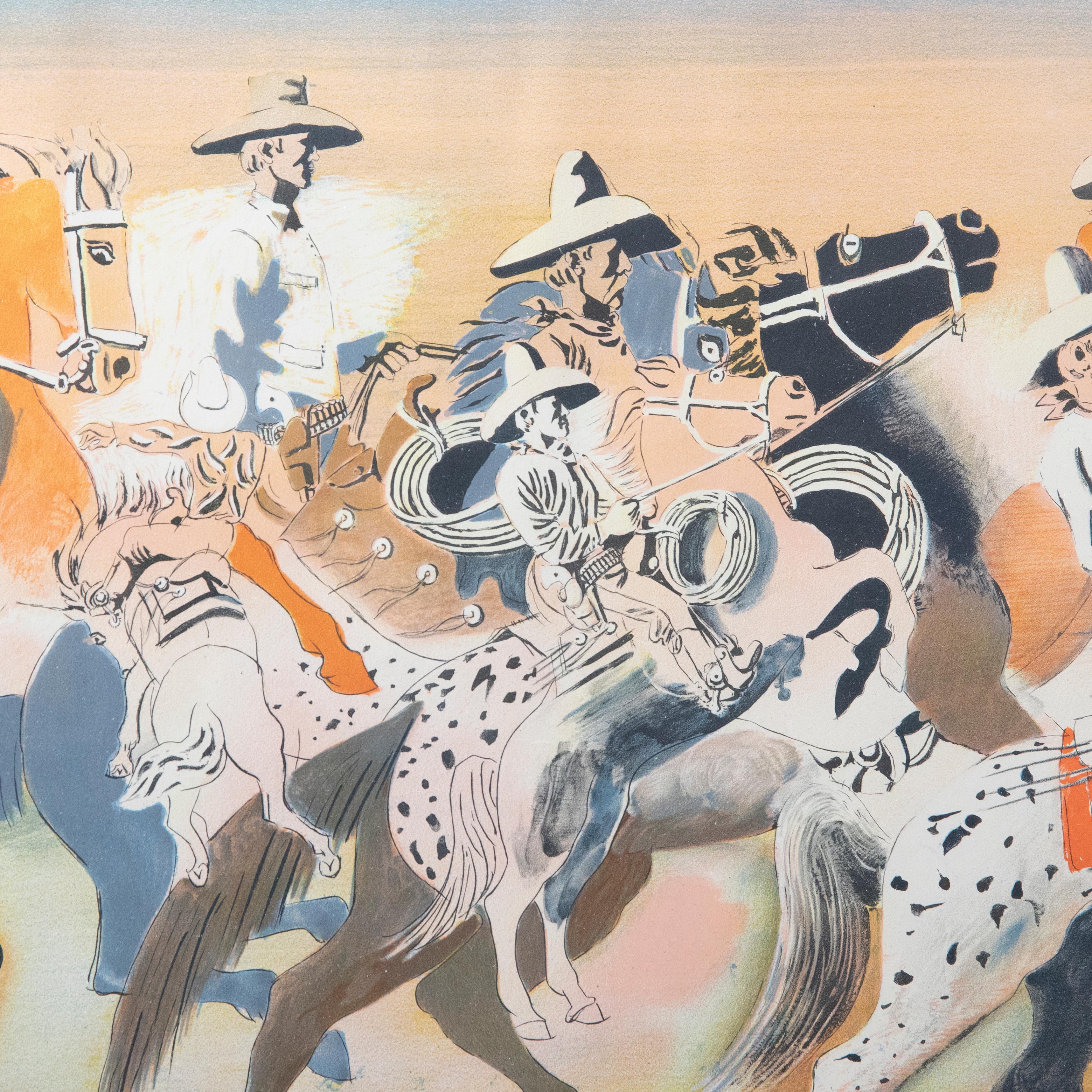 An original lithograph by american artist Eduard Buk Ulreich. Titled- 'Arizona Cowboys'. The print was published in England by Baynard press for school prints Ltd. Part of a set of 24 lithographs produced in the 1940s with the intention of bringing