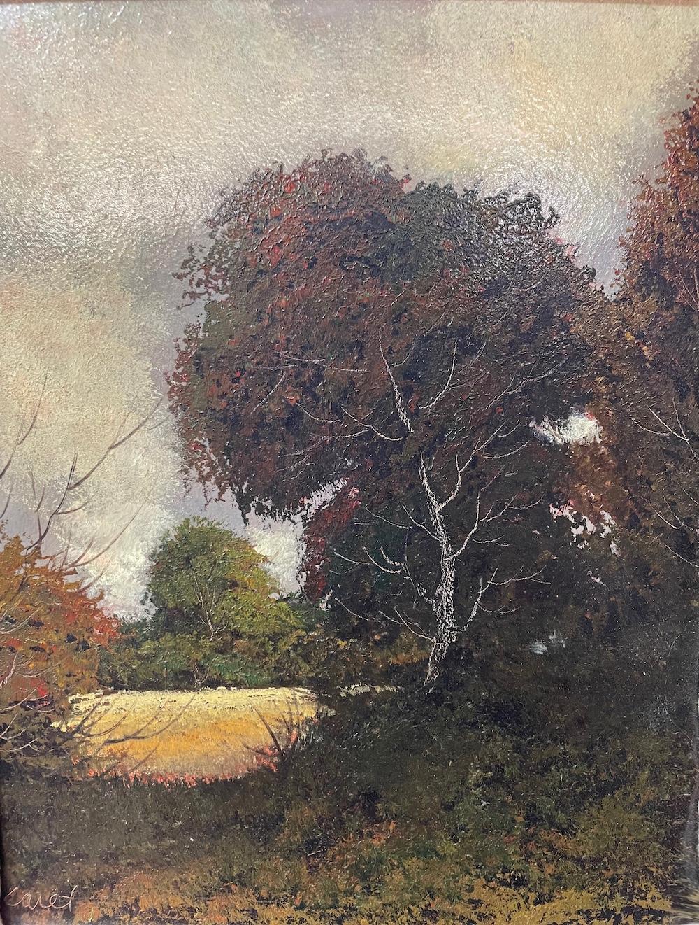 (Sin título). Un Paisaje de la Escuela de Barbizon de tonos dorados y malhumorados - Painting de Eduard Caret