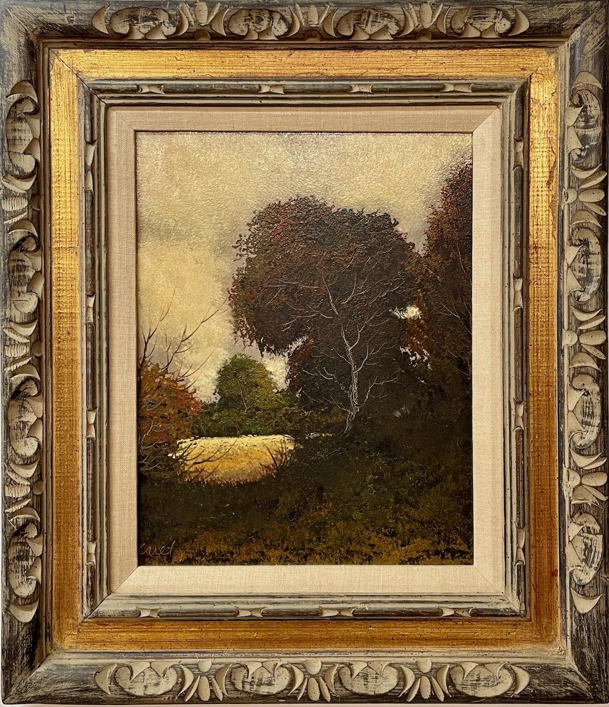 Landscape Painting de Eduard Caret - (Sin título). Un Paisaje de la Escuela de Barbizon de tonos dorados y malhumorados