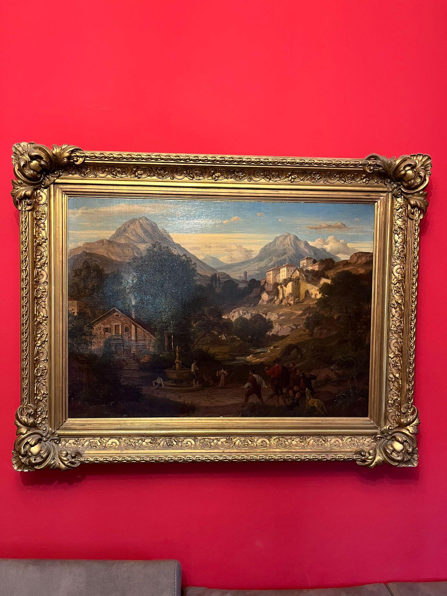 Eduard Cohen Paesaggio di Montagna con Giocatori di Bocce Firmato e Datato 1866 in vendita 4